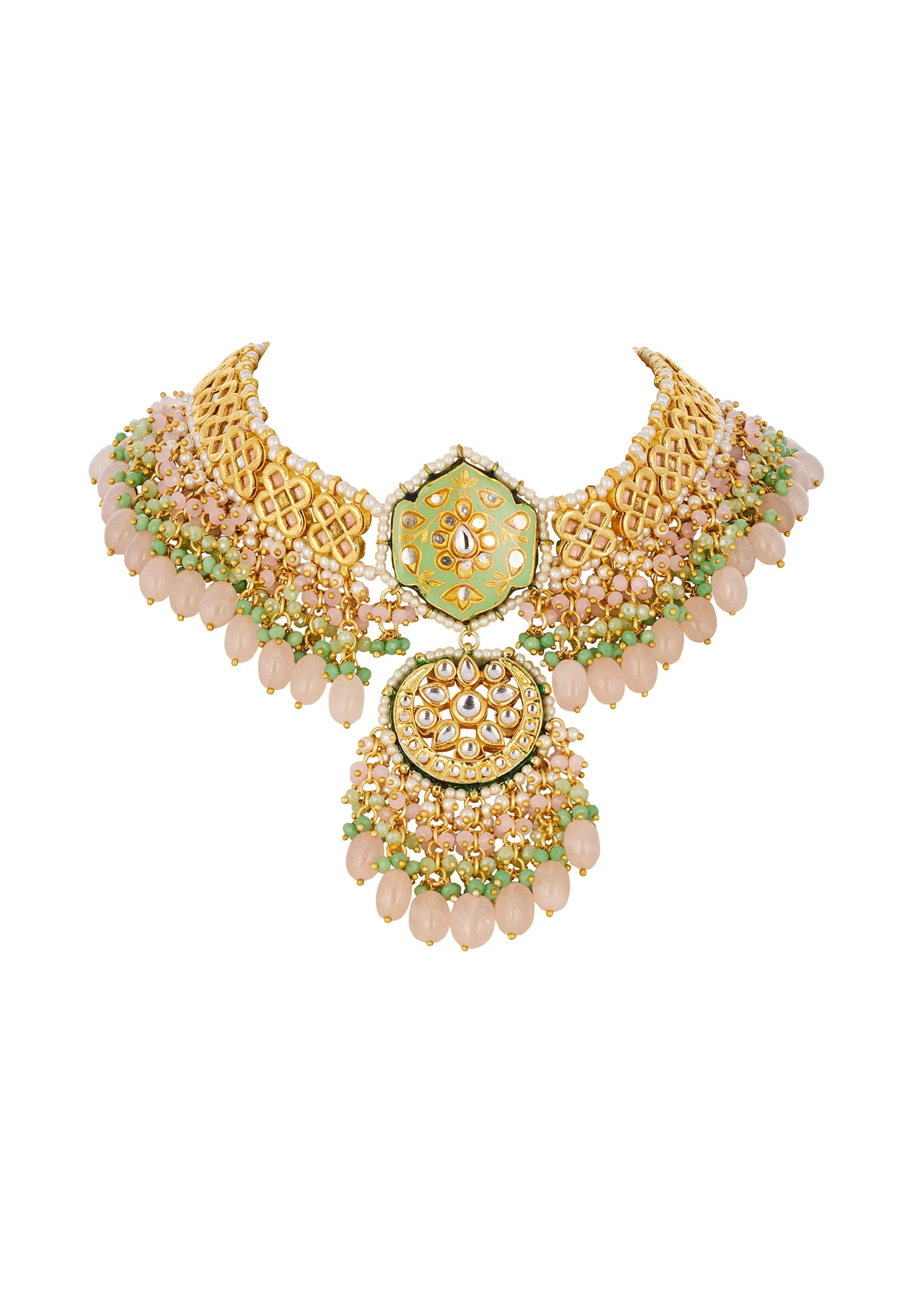Green and Gold Traditional Kundan Chandbali Necklace Set with Faux Pearl - Image 2
