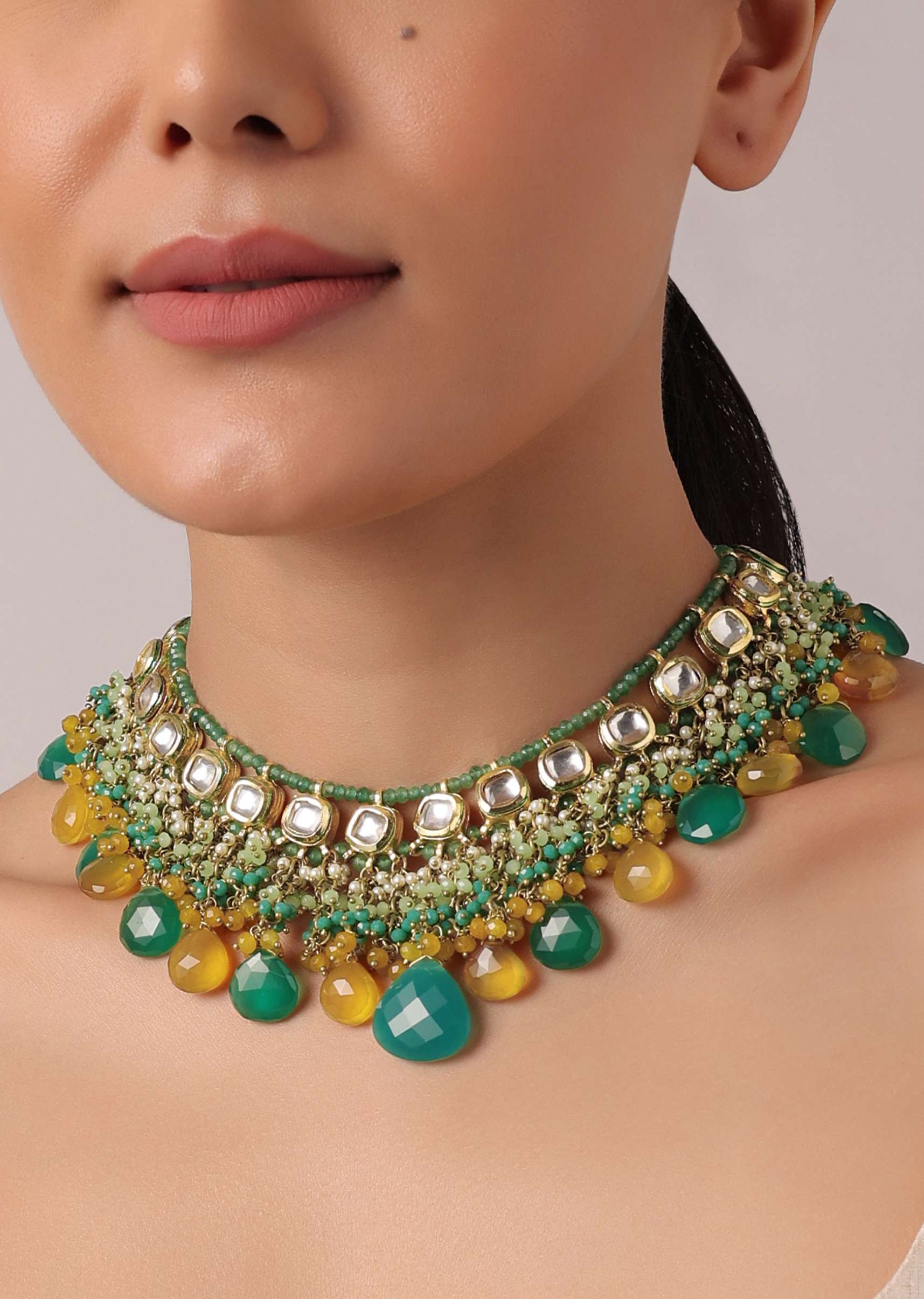 Green And Orange Necklace Set With Bead Drops And Studded Kundan Polki - Image 2