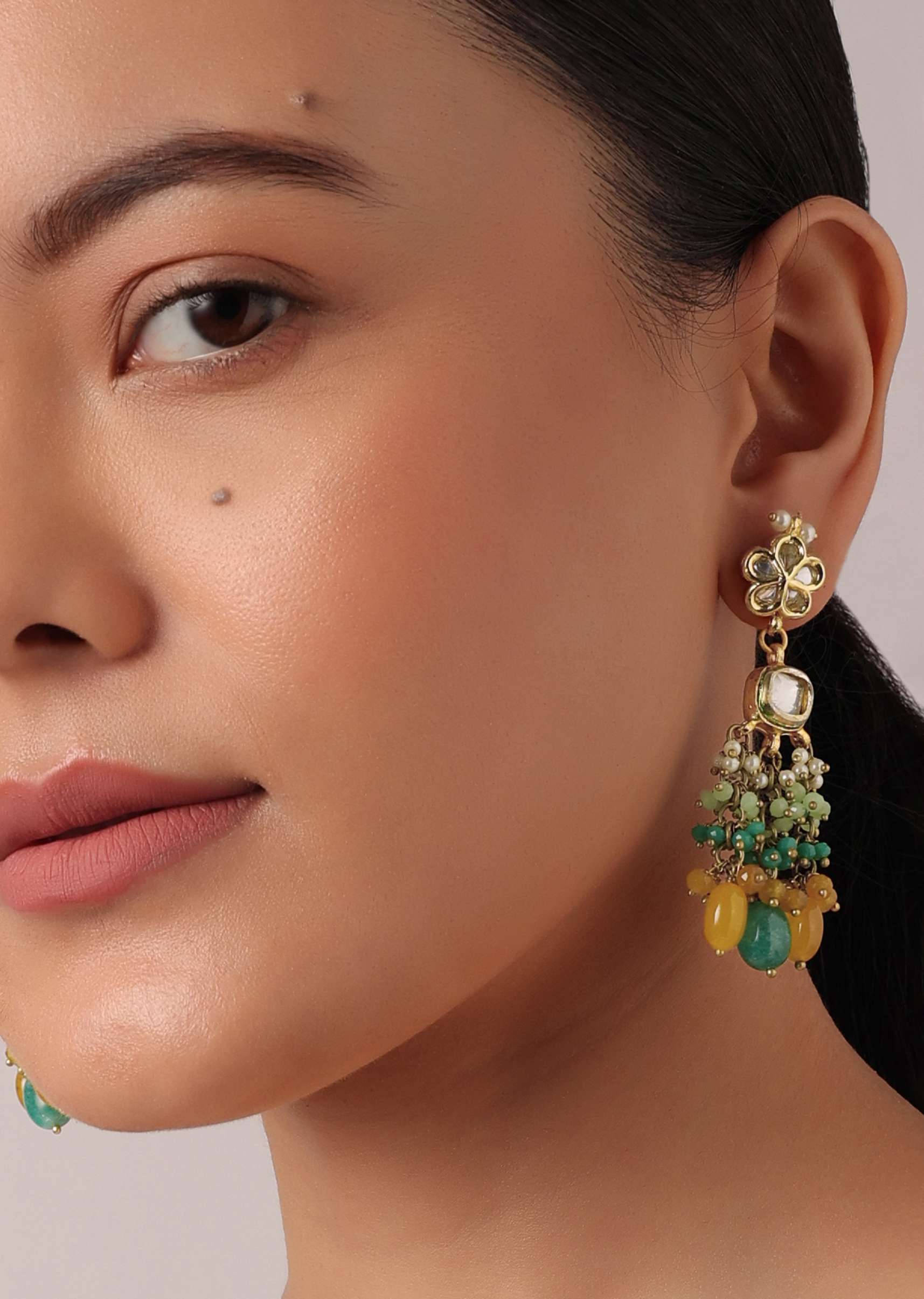 Green And Orange Necklace Set With Bead Drops And Studded Kundan Polki - Image 3