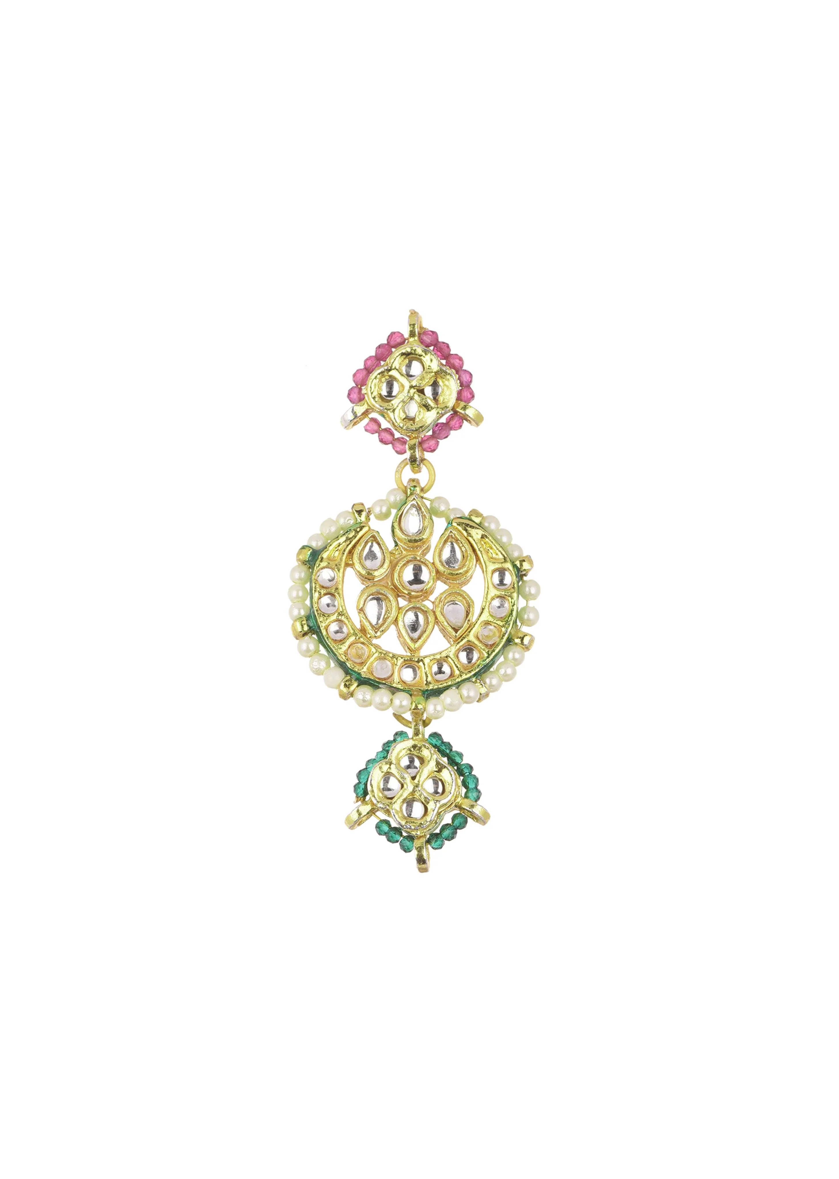 Green And Red Layered Kundan Necklace Set In Mix Metal - Image 7