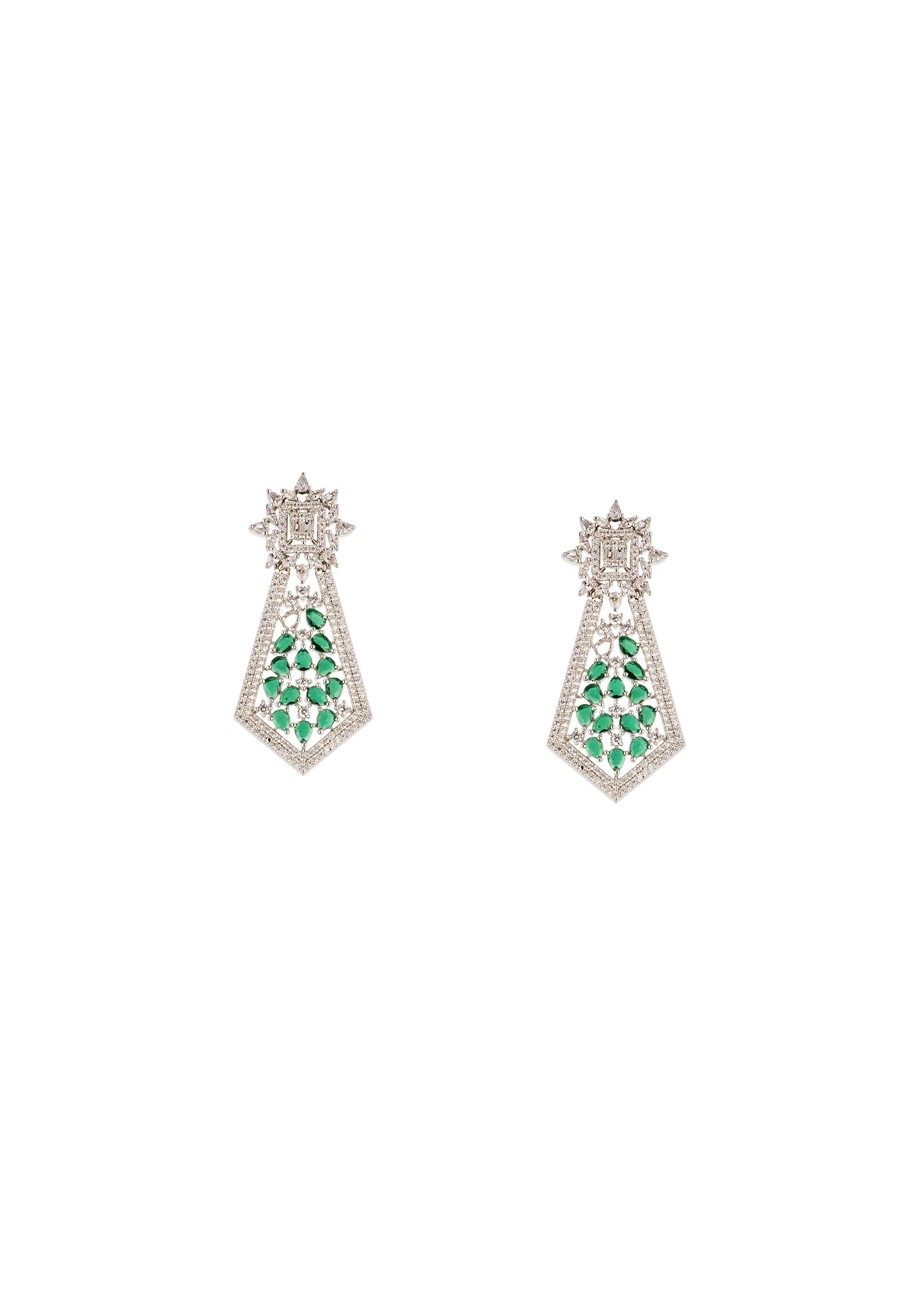 Green and Silver Anti Tarnish Rhodium Plated Long Necklace Set with CZ Diamond - Image 3