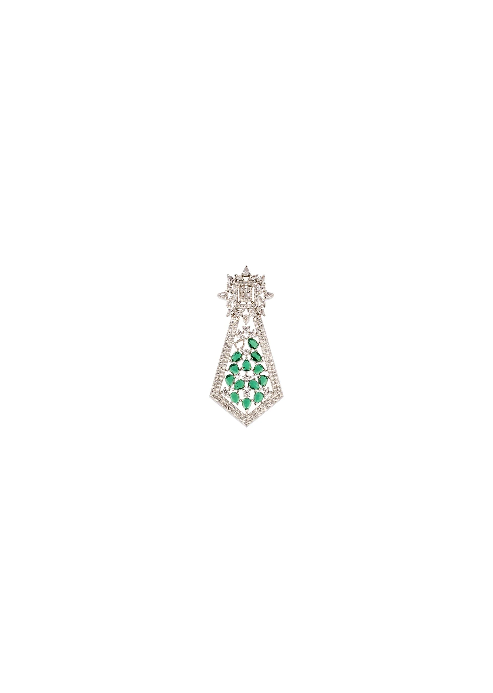 Green and Silver Anti Tarnish Rhodium Plated Long Necklace Set with CZ Diamond - Image 4