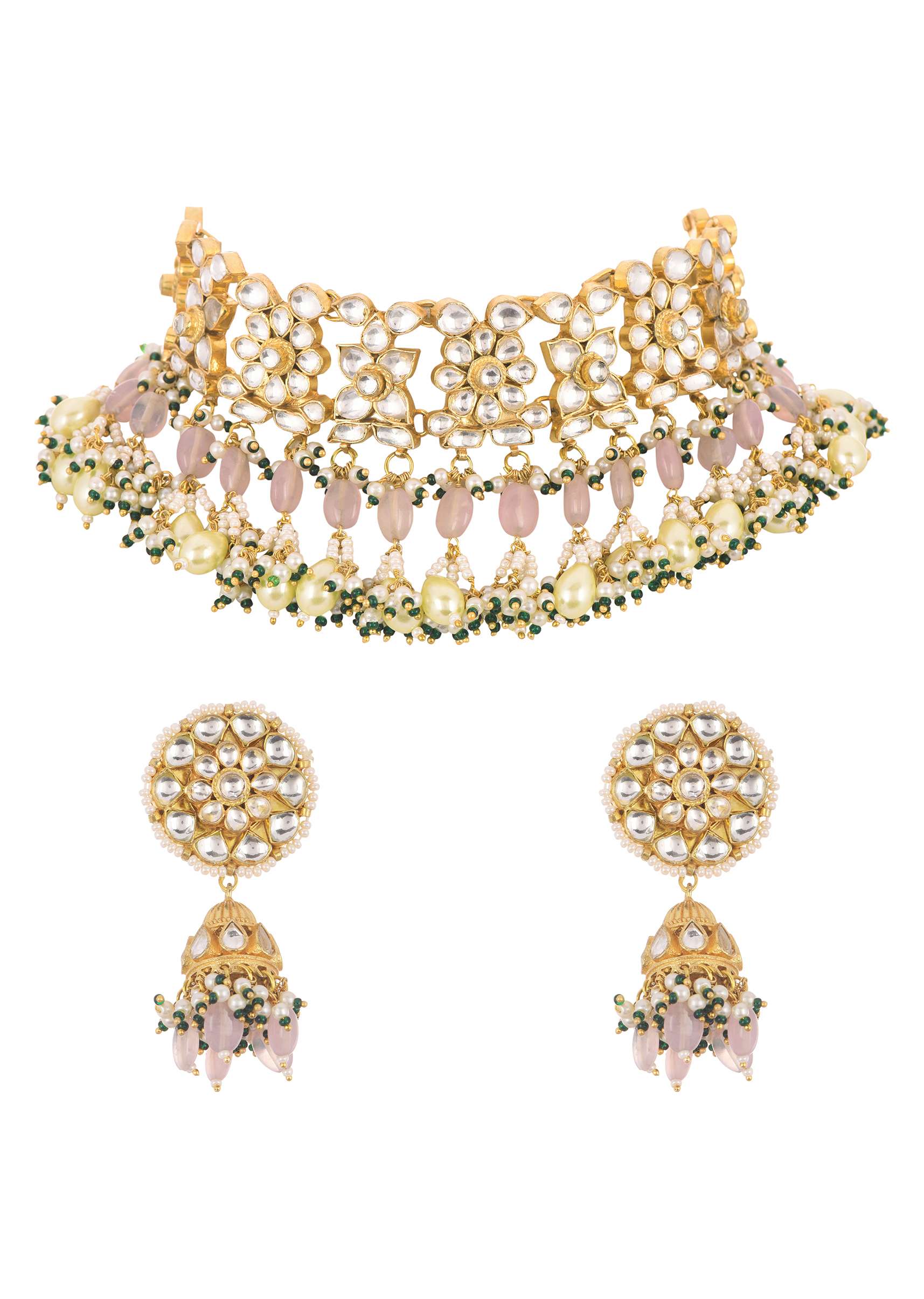 Green And White Kundan Choker Set In Mix Metal - Image 4