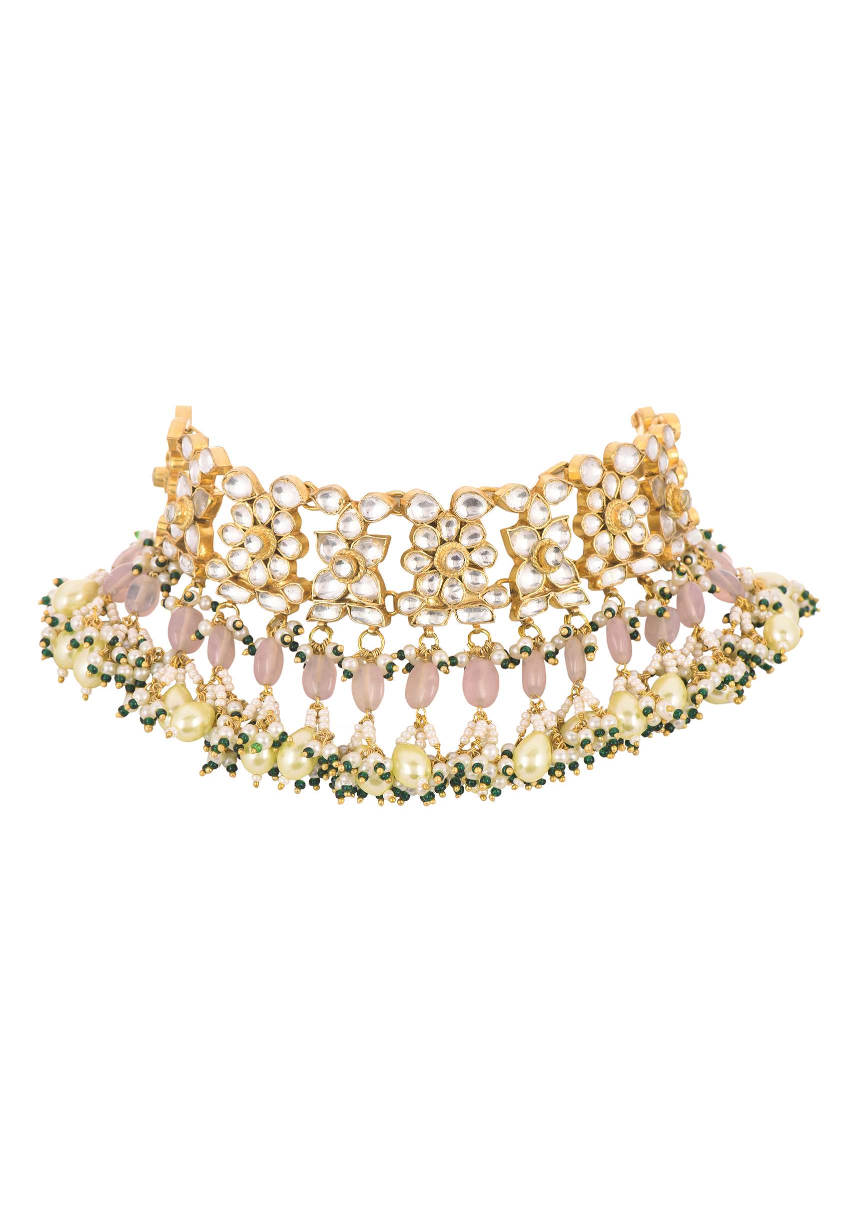 Green And White Kundan Choker Set In Mix Metal - Image 5