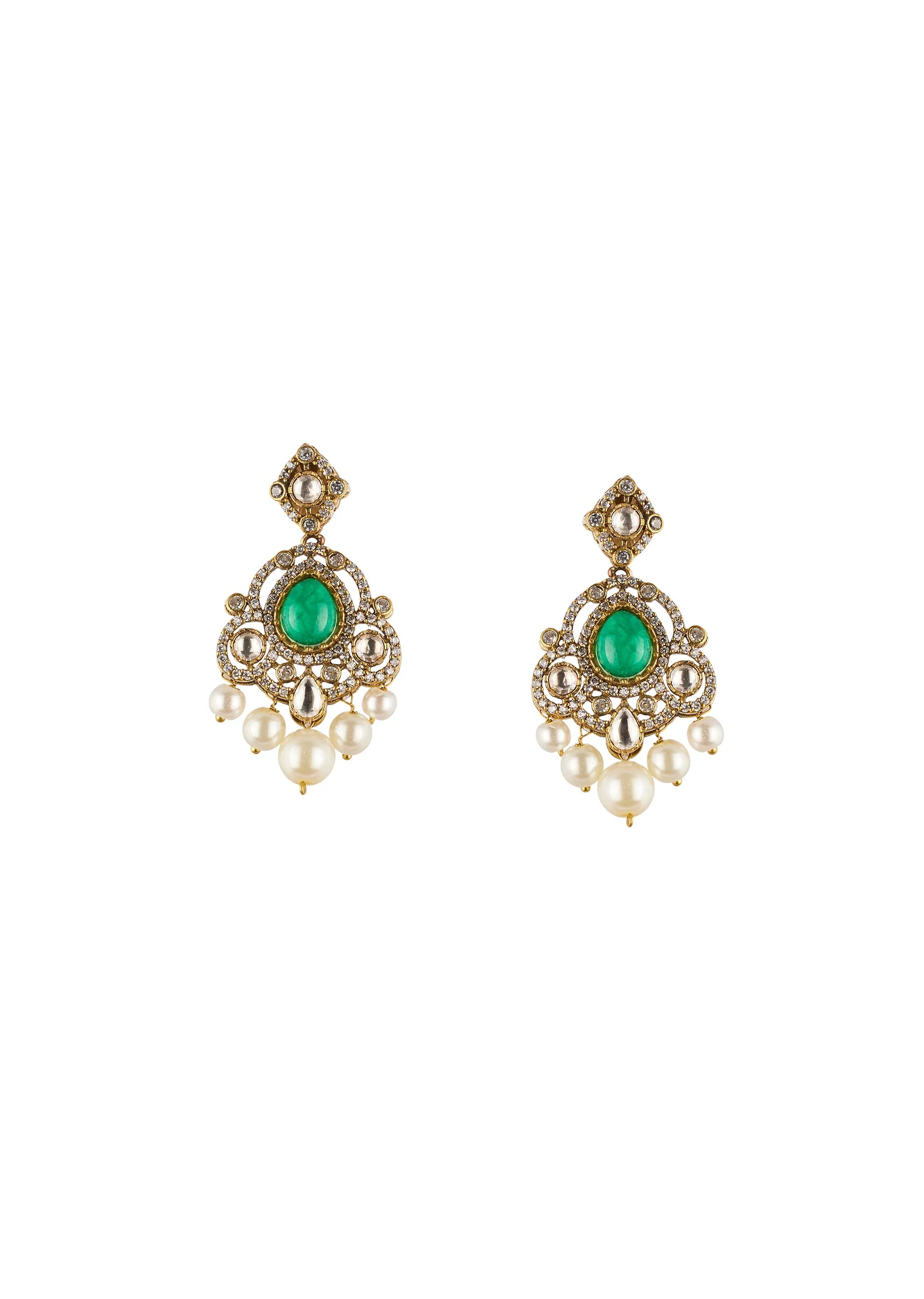 Green and White Traditional Necklace Set in Kundan with Faux Pearls - Image 3