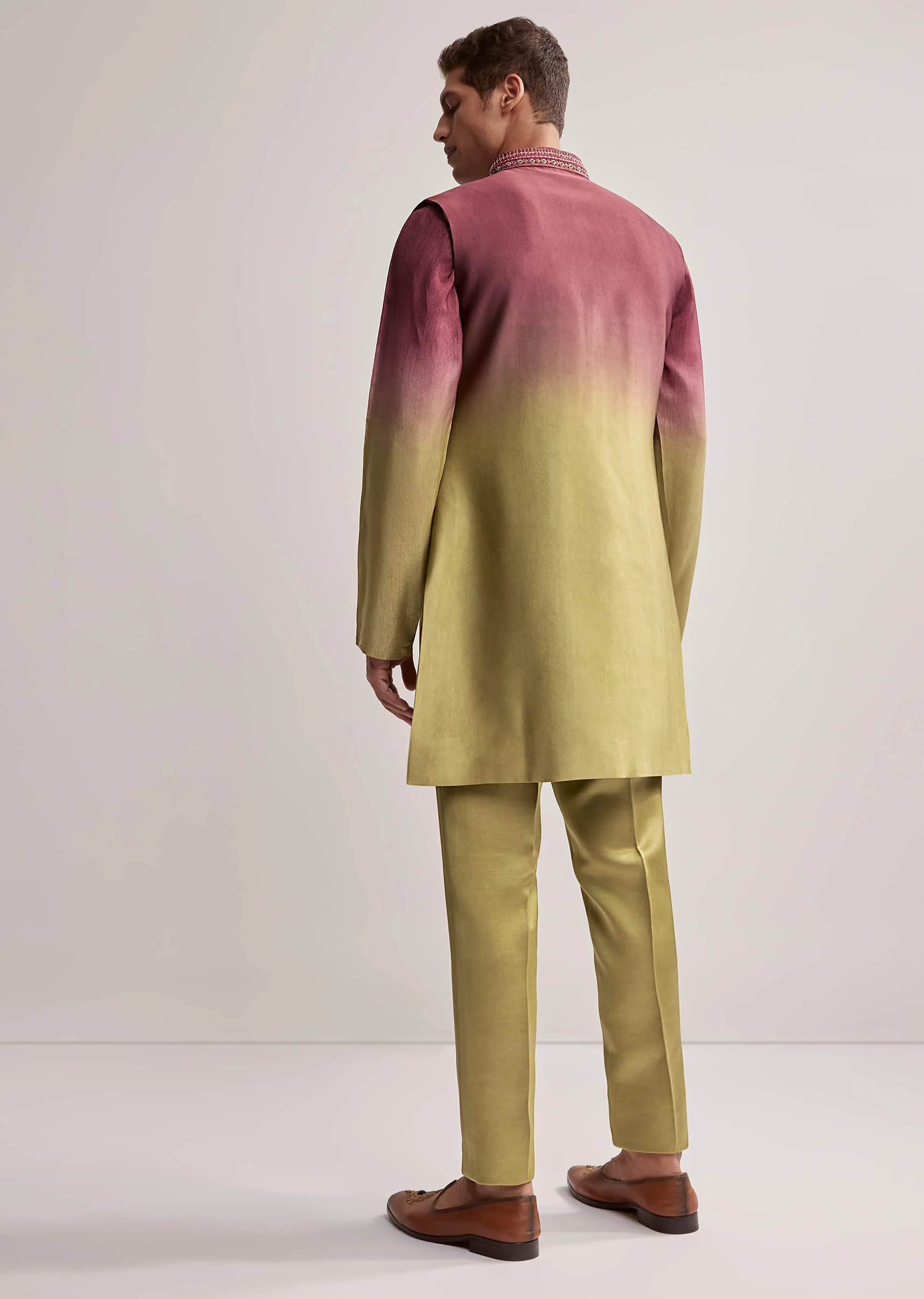 Green And Wine Ombre Silk Kurta Jacket Set For Men With Embroidery - Image 5
