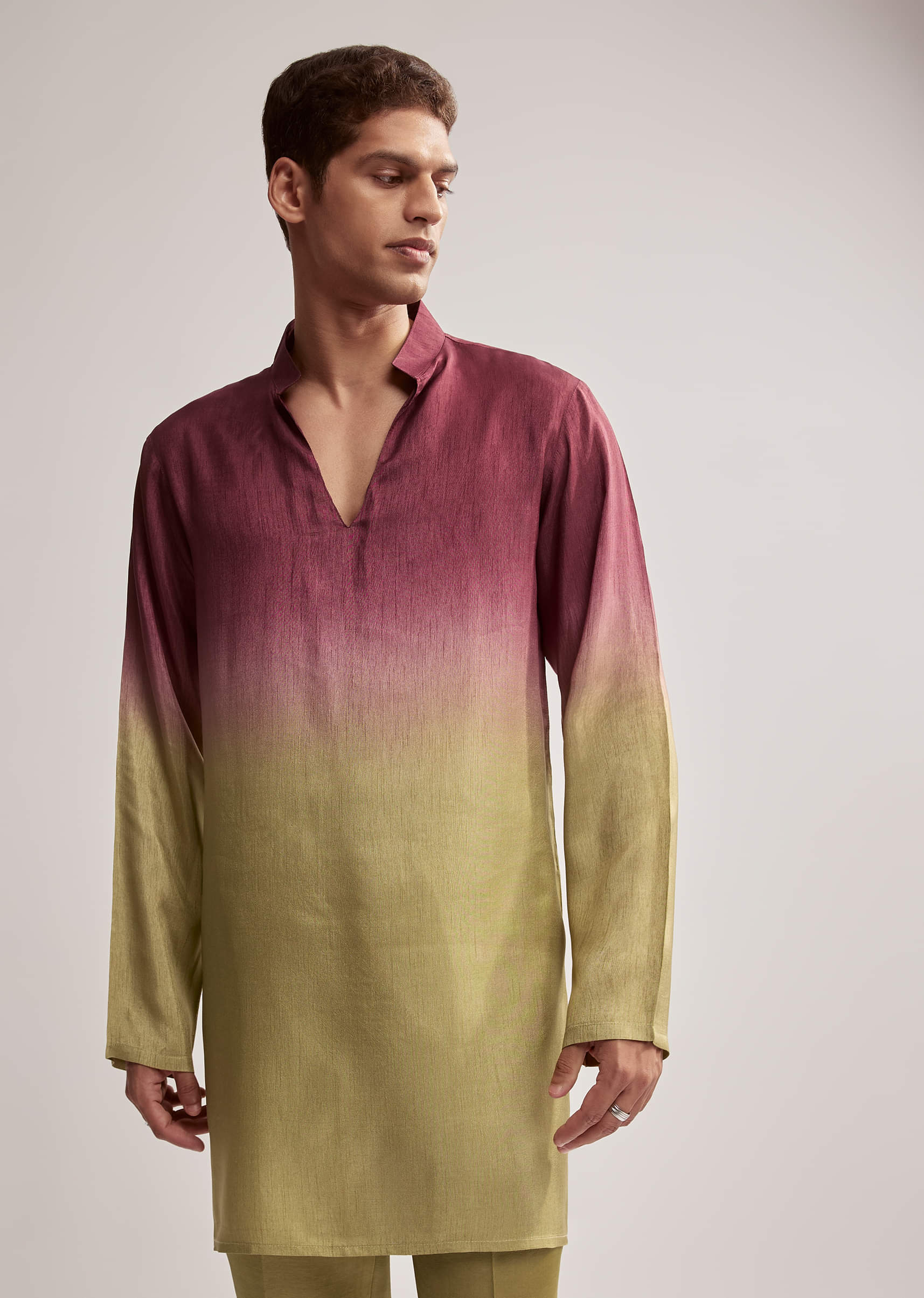 Green And Wine Ombre Silk Kurta Jacket Set For Men With Embroidery - Image 6