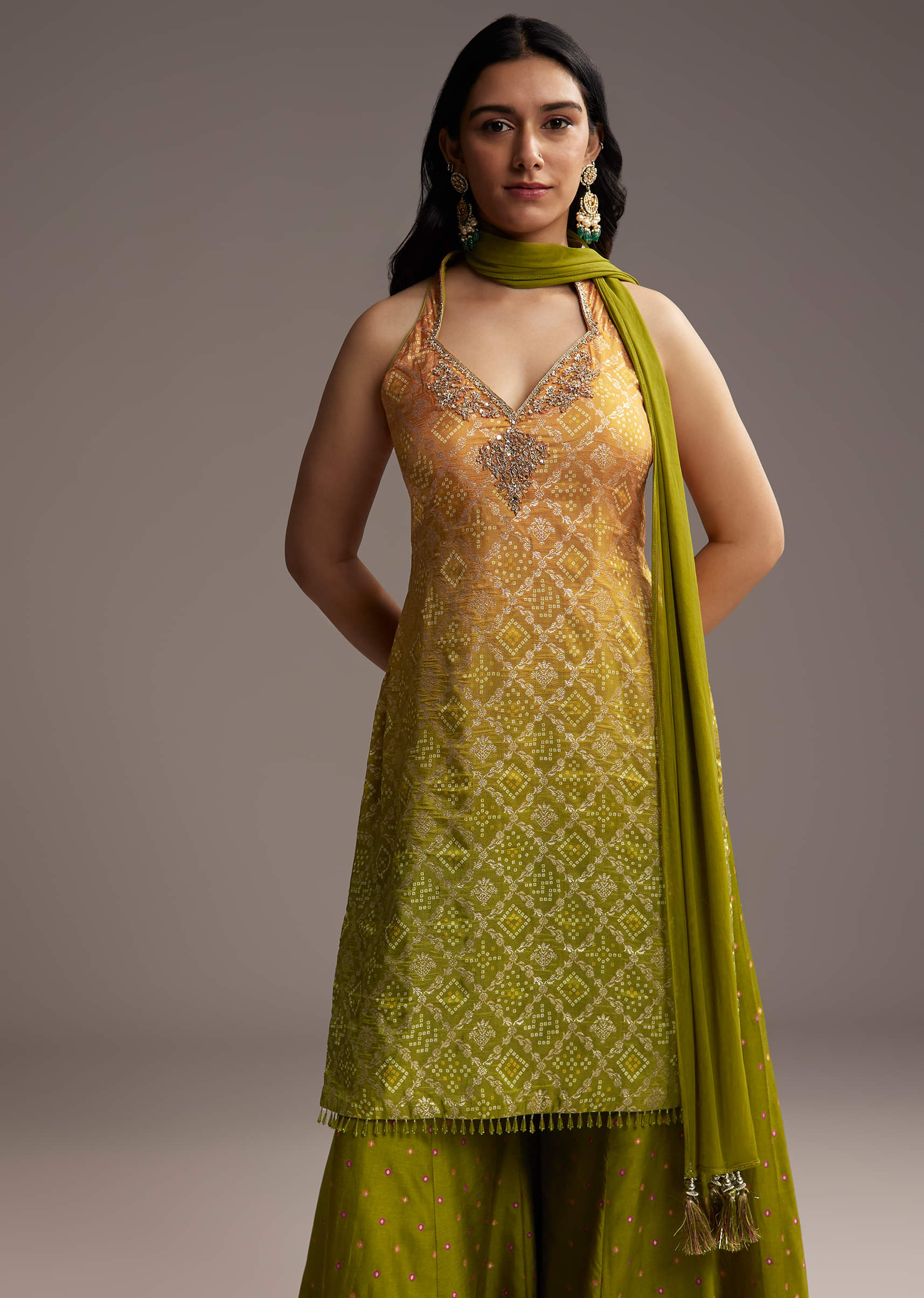 Green And Yellow Ombre Silk Palazzo Suit With Bandhani Print - Image 4