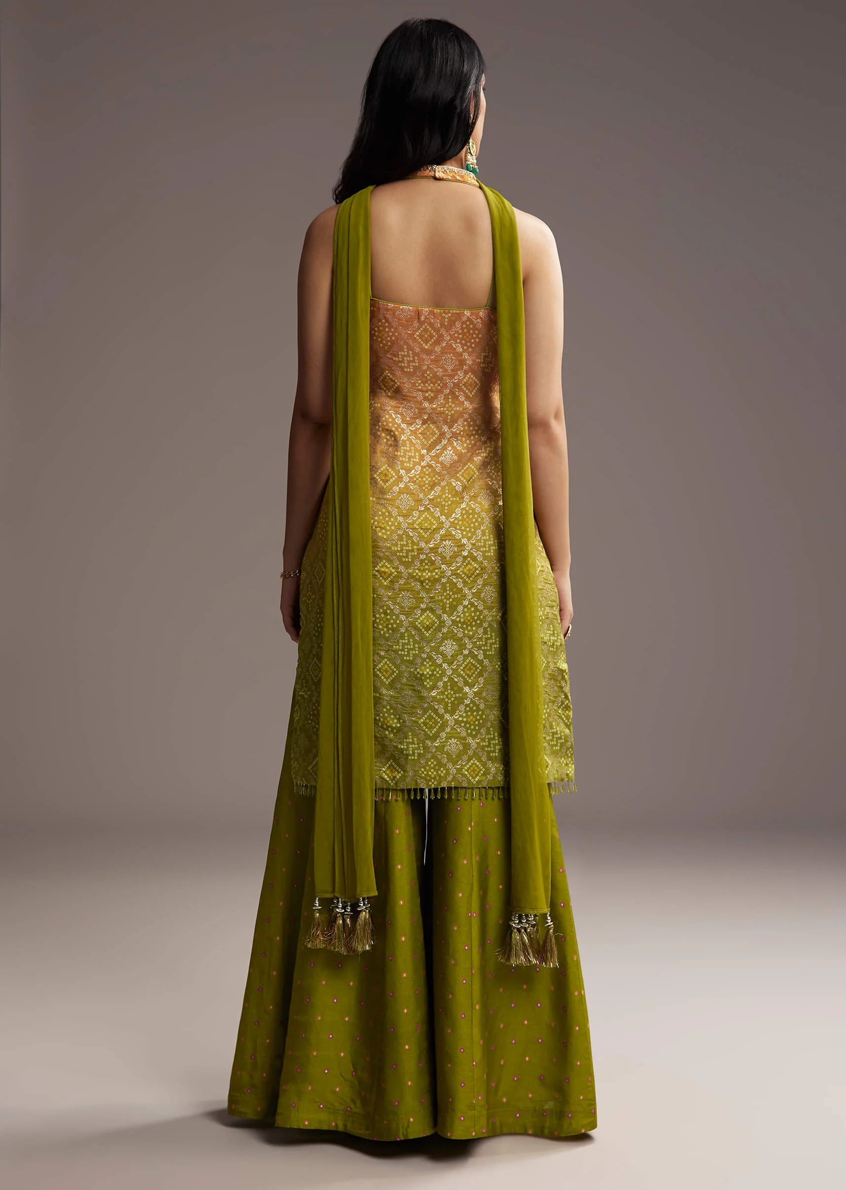 Green And Yellow Ombre Silk Palazzo Suit With Bandhani Print - Image 5