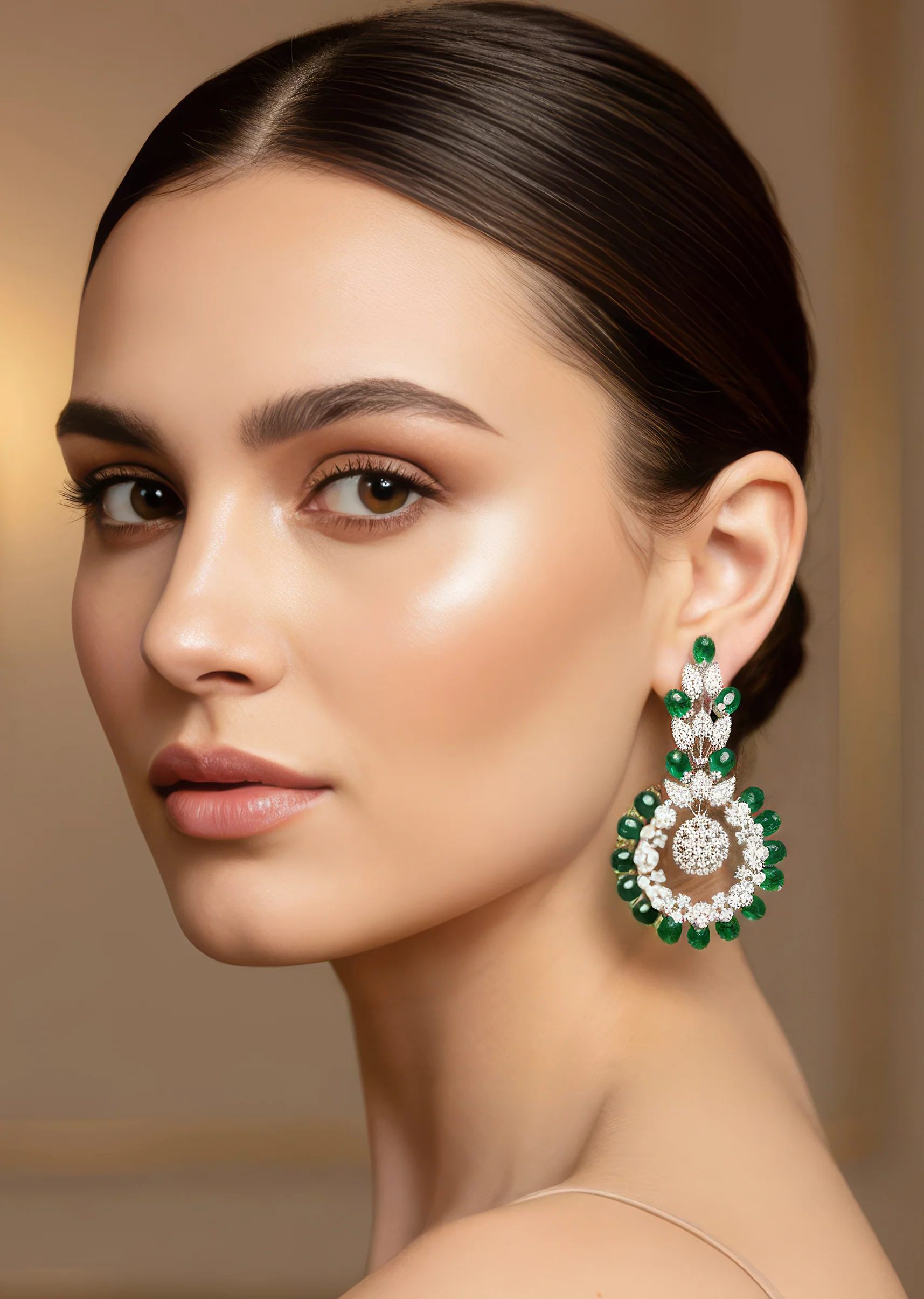 Green Anti Tarnish CZ Diamond Rhodium-Plated Brass Earrings with Beads