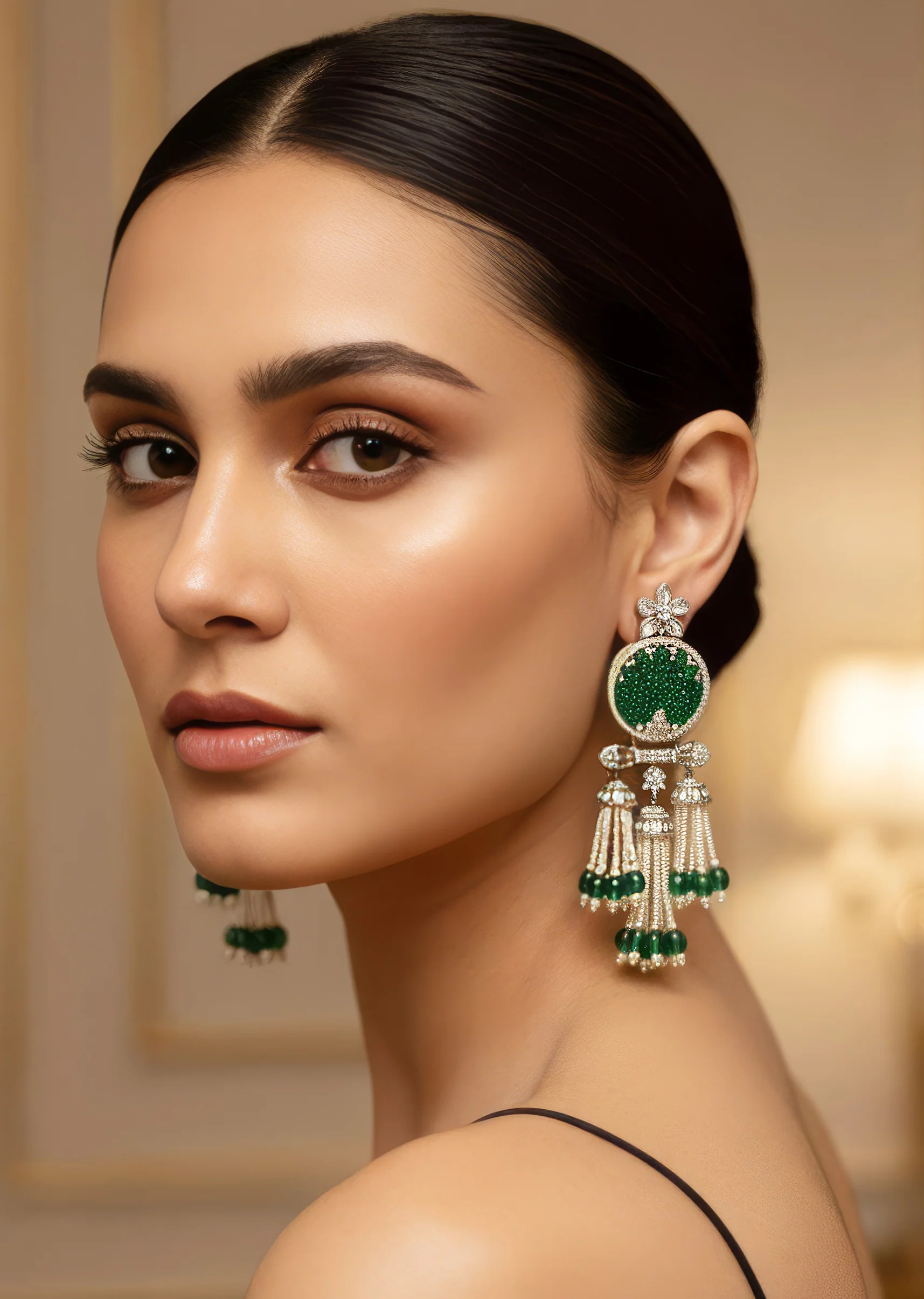 Green Anti Tarnish CZ Diamond Rhodium-Plated Brass Earrings with White Beads