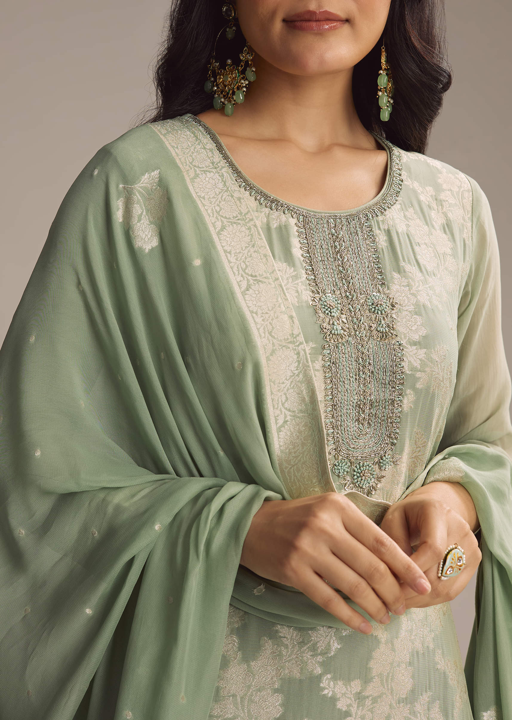 Green Banarasi Georgette Palazzo Suit - Image 2