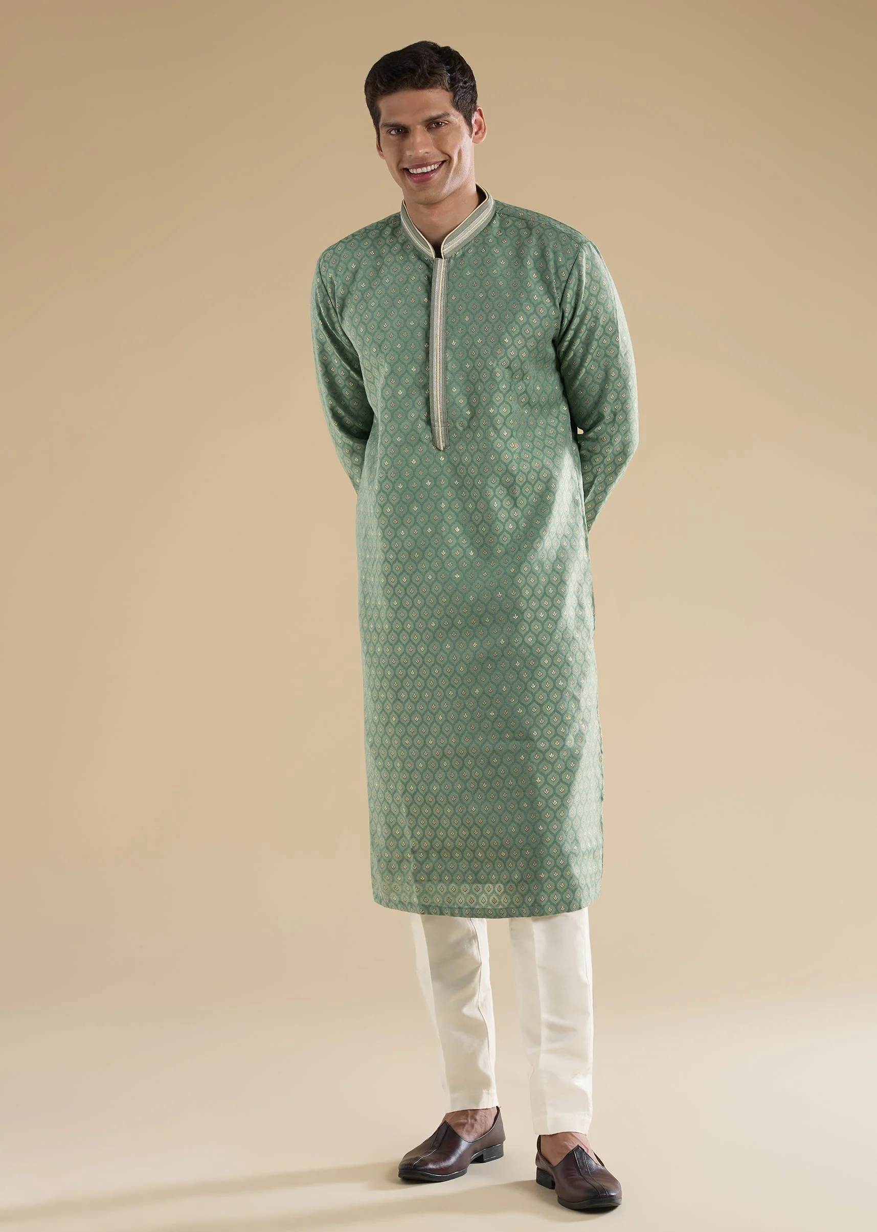 Green Banarasi Silk Kurta Set - Image 4