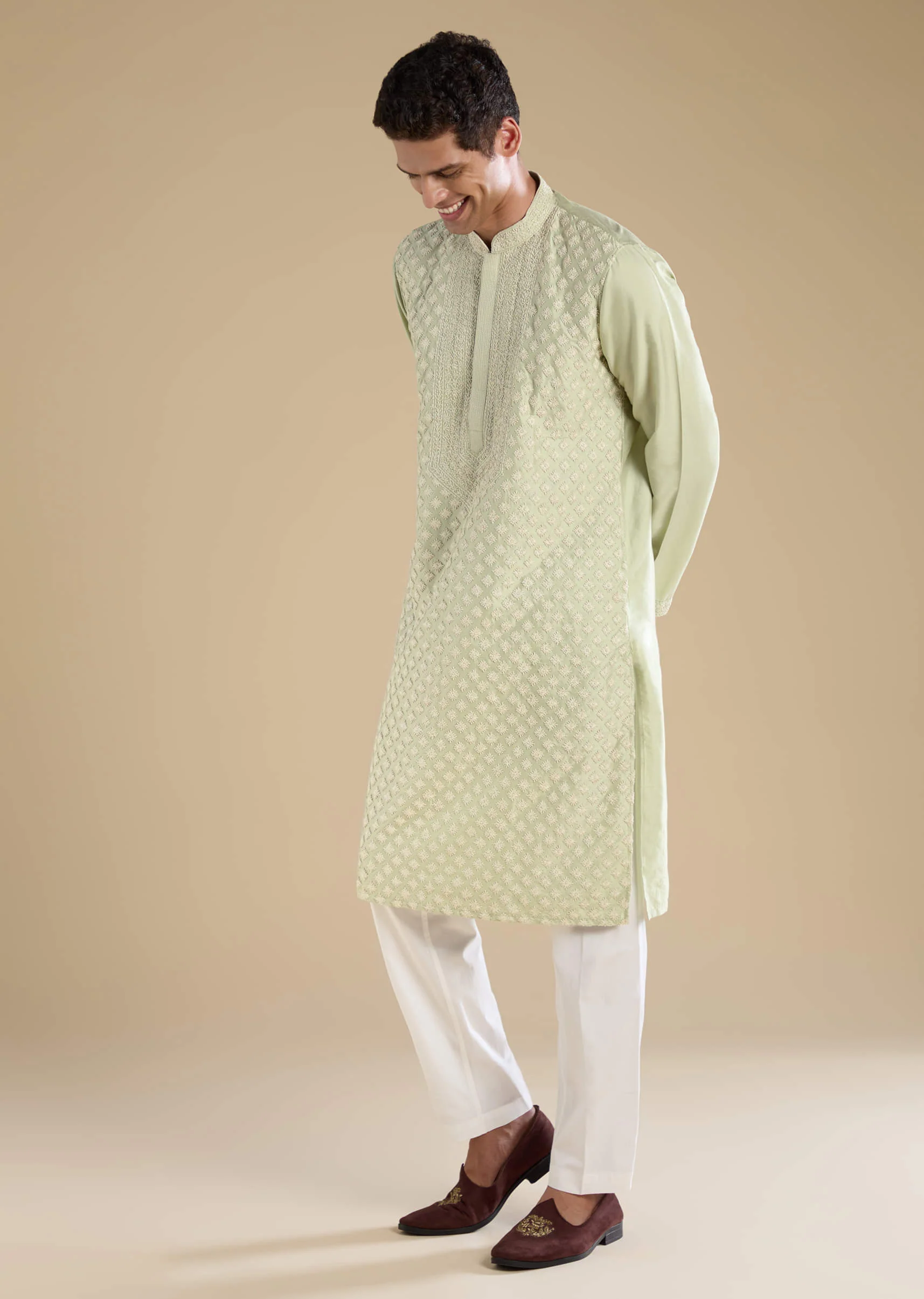 Green Banarasi Silk Kurta Set with Kantha Work - Image 3