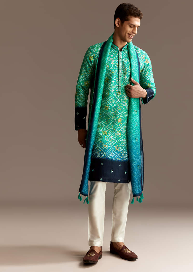 Green Bandhani Kurta Set With Dupatta - Image 4