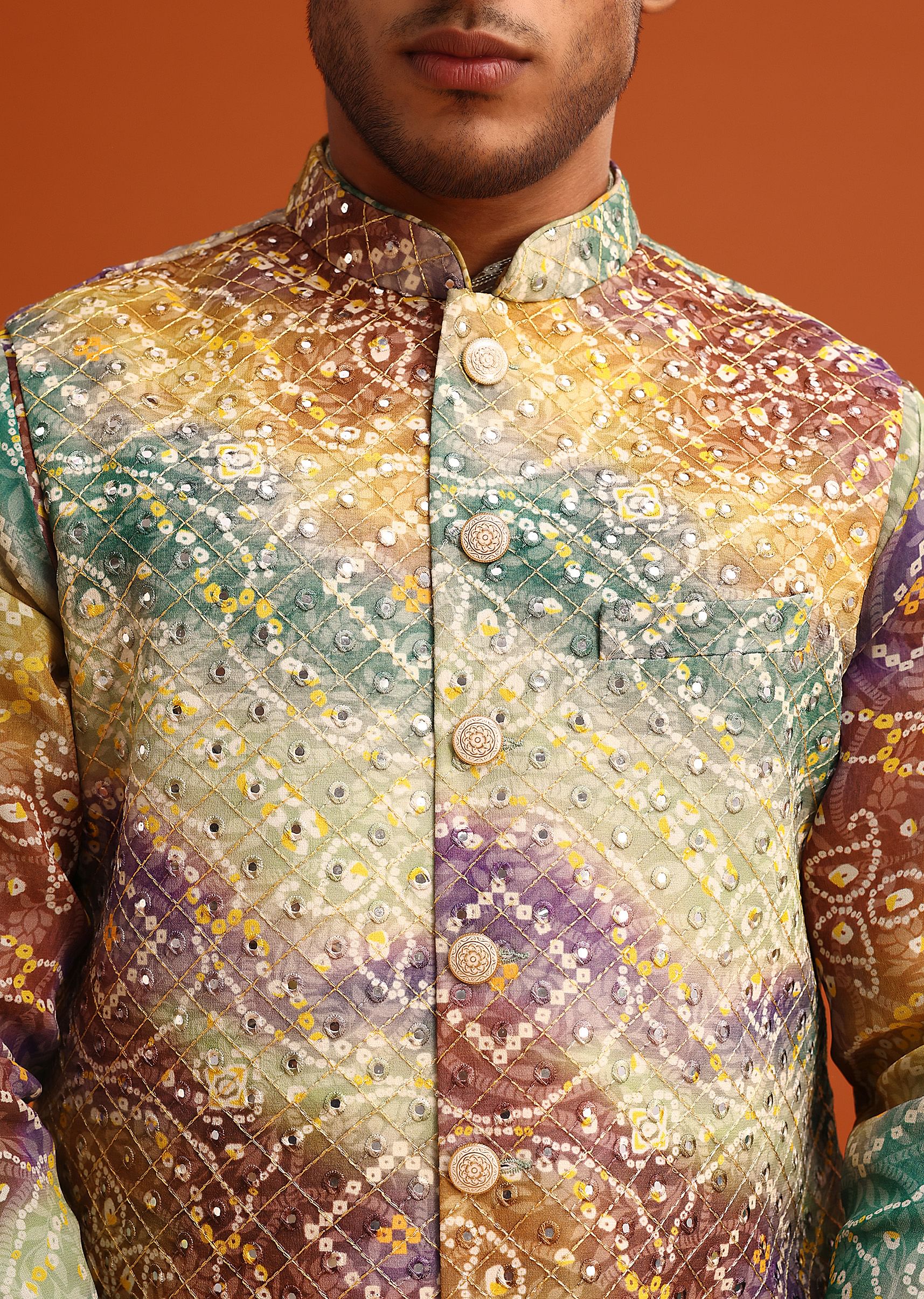 Green Bandhani Print Jacket Kurta Set In Georgette - Image 2