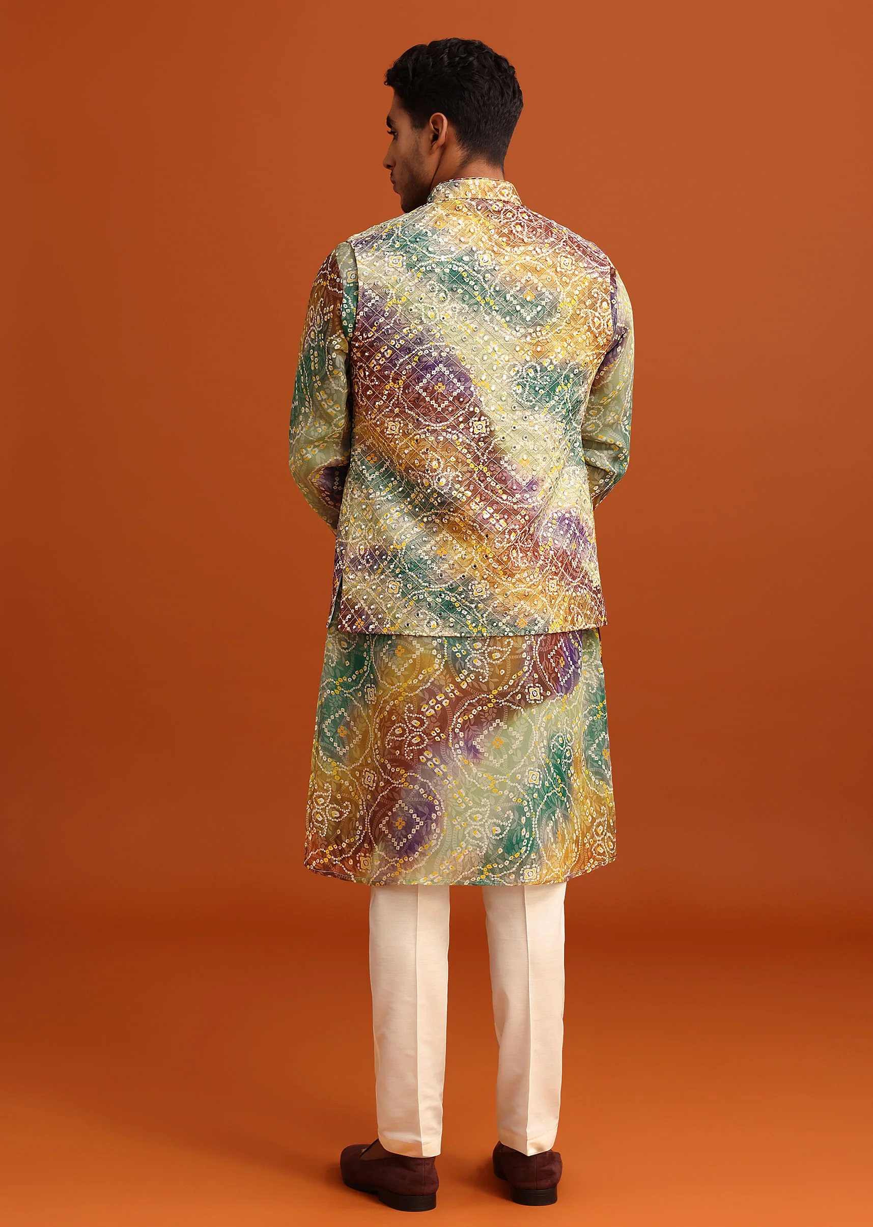 Green Bandhani Print Jacket Kurta Set In Georgette - Image 5