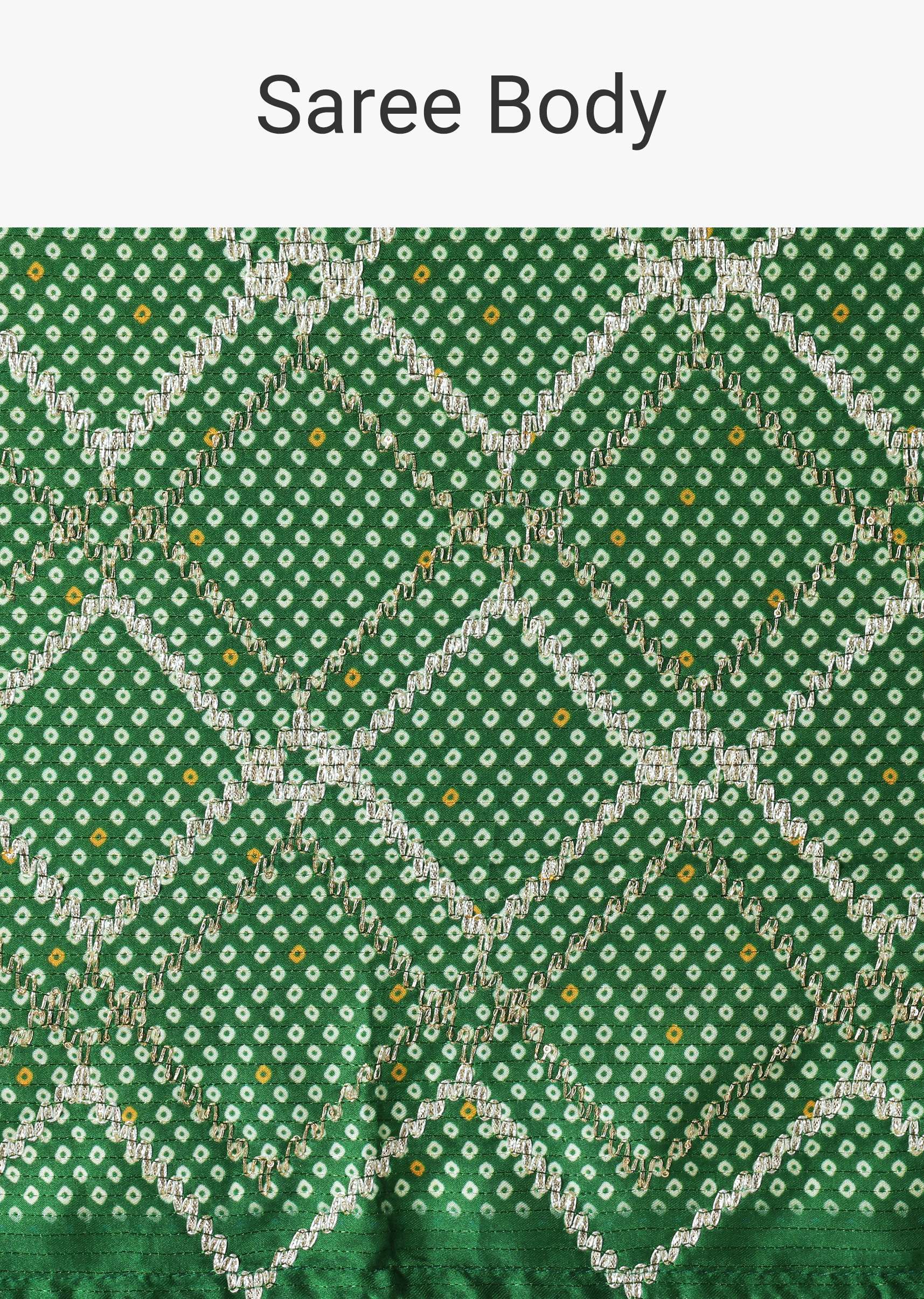 Green Bandhani Silk Saree With Gota Work And Unstitched Blouse Piece - Image 9