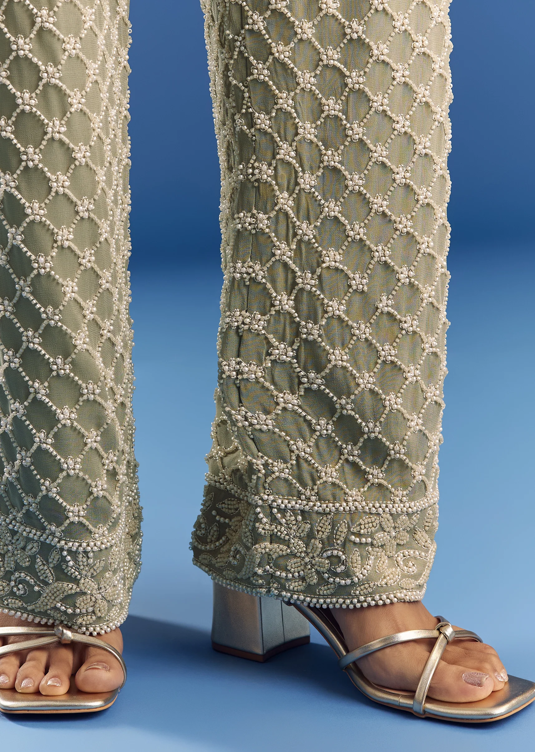 Green Beaded Kurta Pant Set With Dupatta In Georgette - Image 6