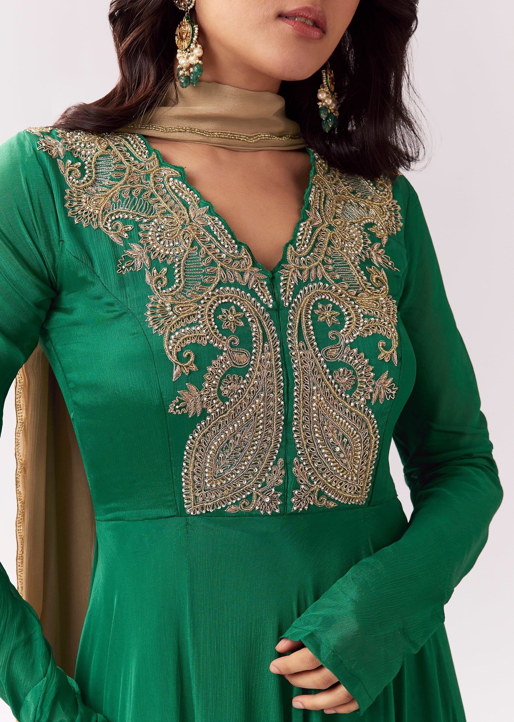 Green Beige Zardozi Anarkali With V Neck - Image 2