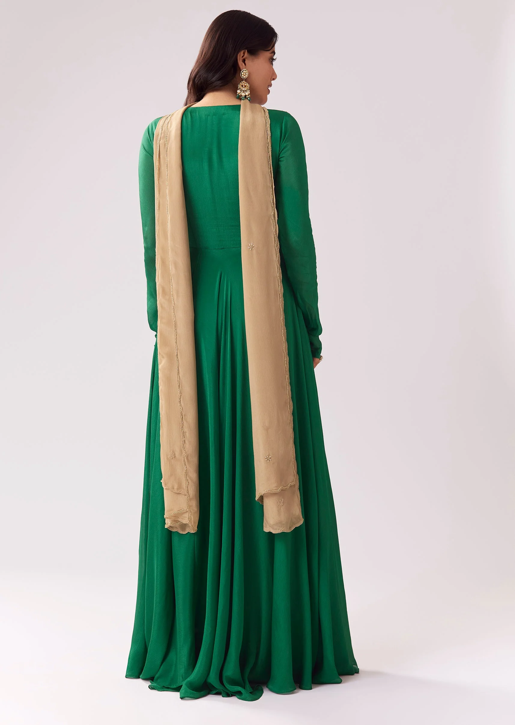 Green Beige Zardozi Anarkali With V Neck - Image 5