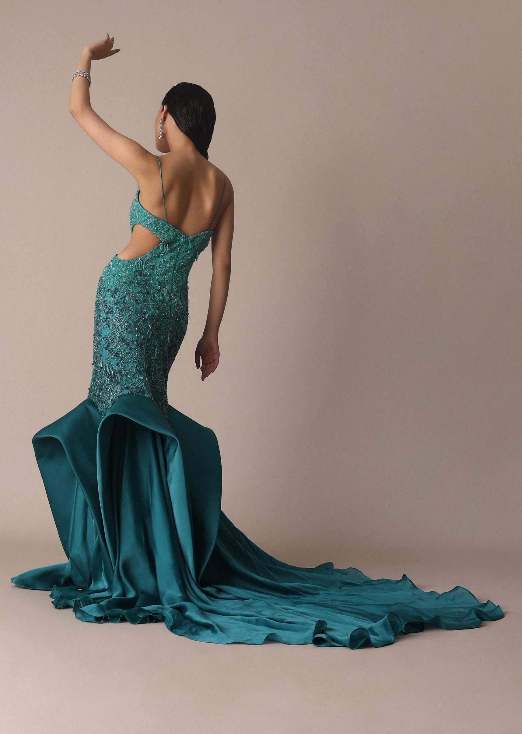 Green Blue Ombre Zardosi Fishcut Draped Gown - Image 5