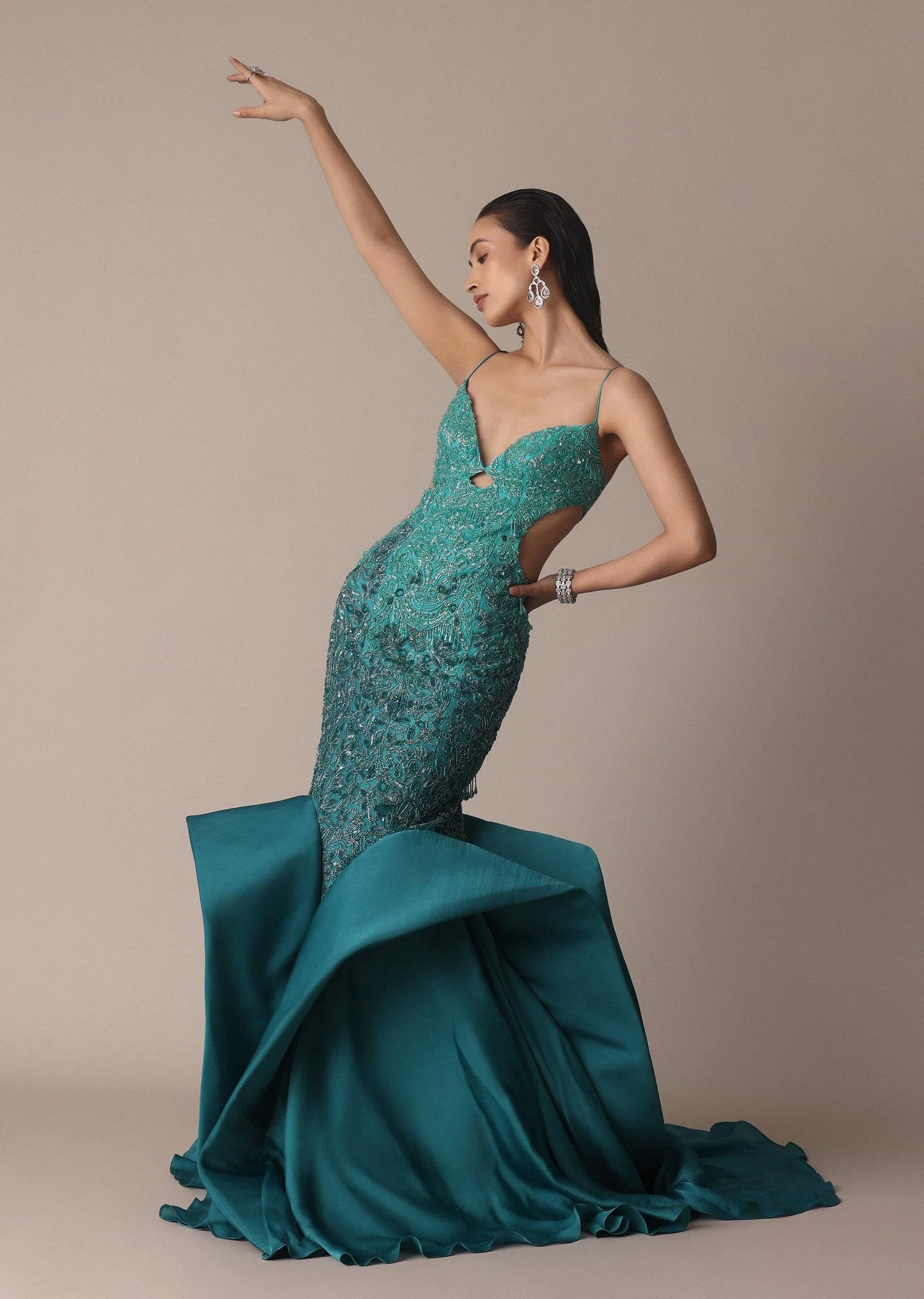 Green Blue Ombre Zardosi Fishcut Draped Gown - Image 8
