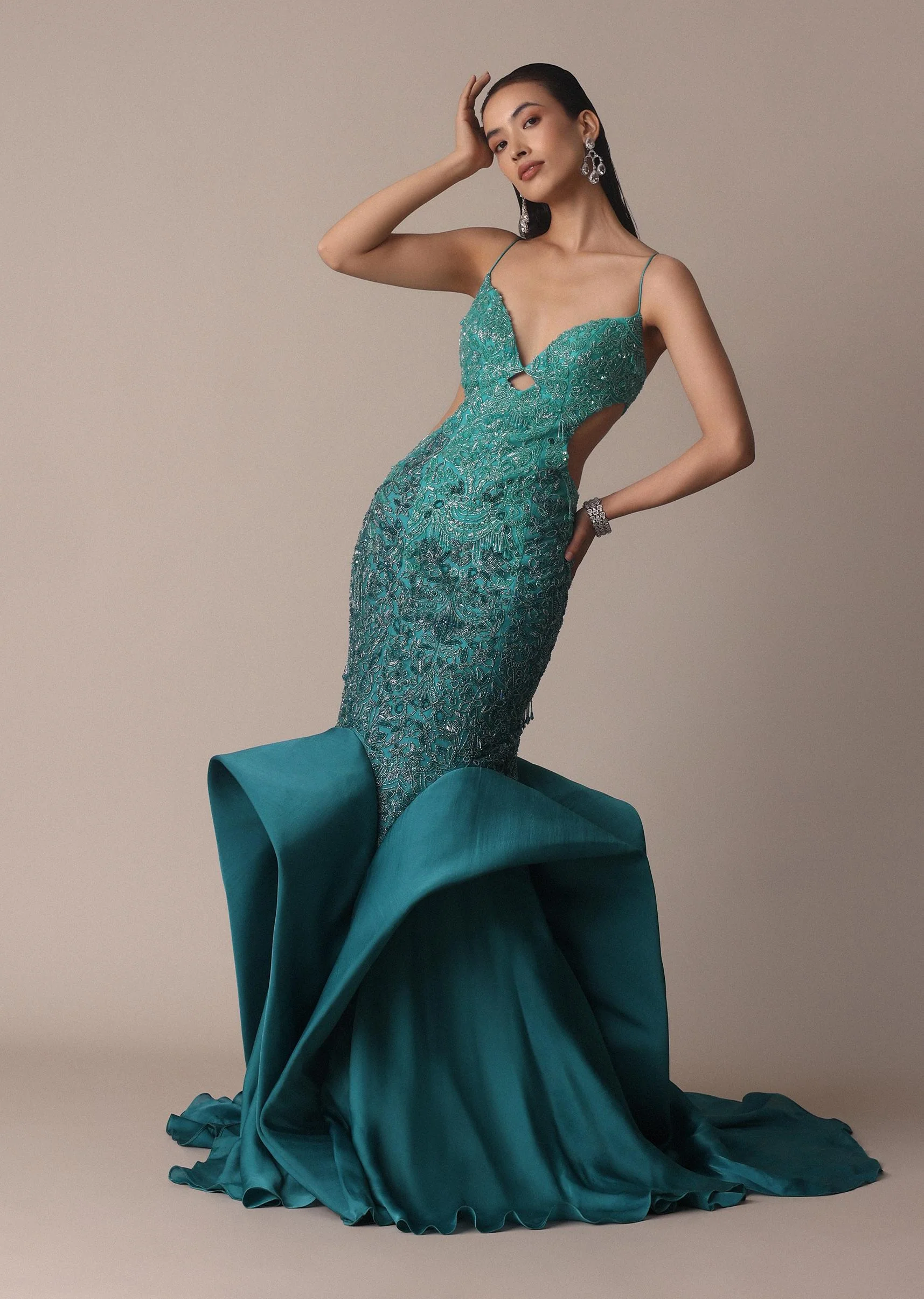 Green Blue Ombre Zardosi Fishcut Draped Gown - Image 9