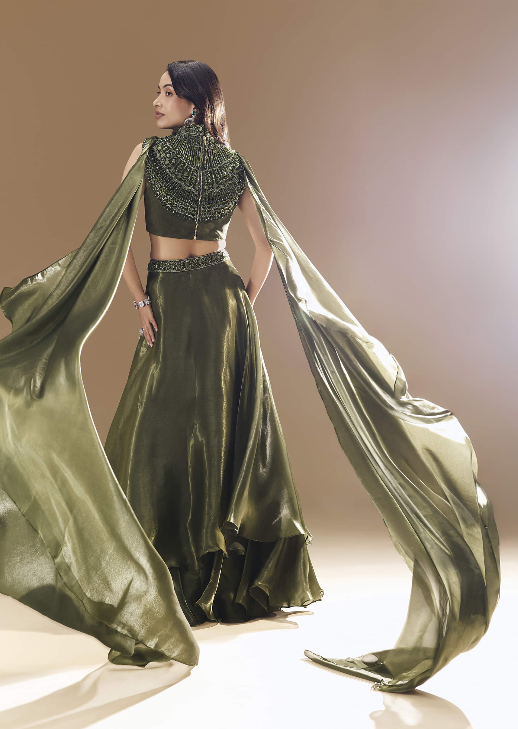 Green Bridesmaid Organza Lehega with Cowl Blouse - Image 2
