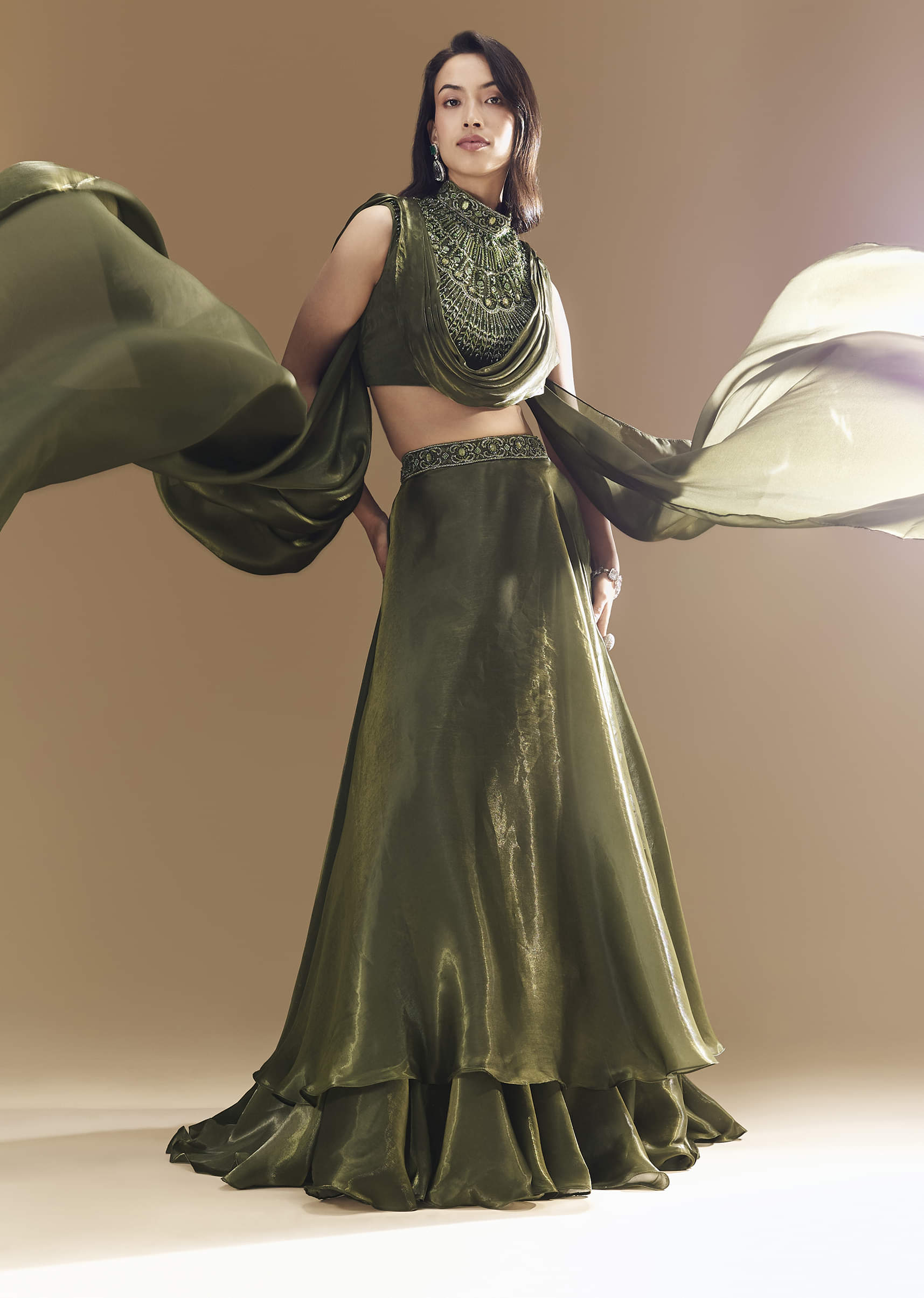 Green Bridesmaid Organza Lehega with Cowl Blouse - Image 5
