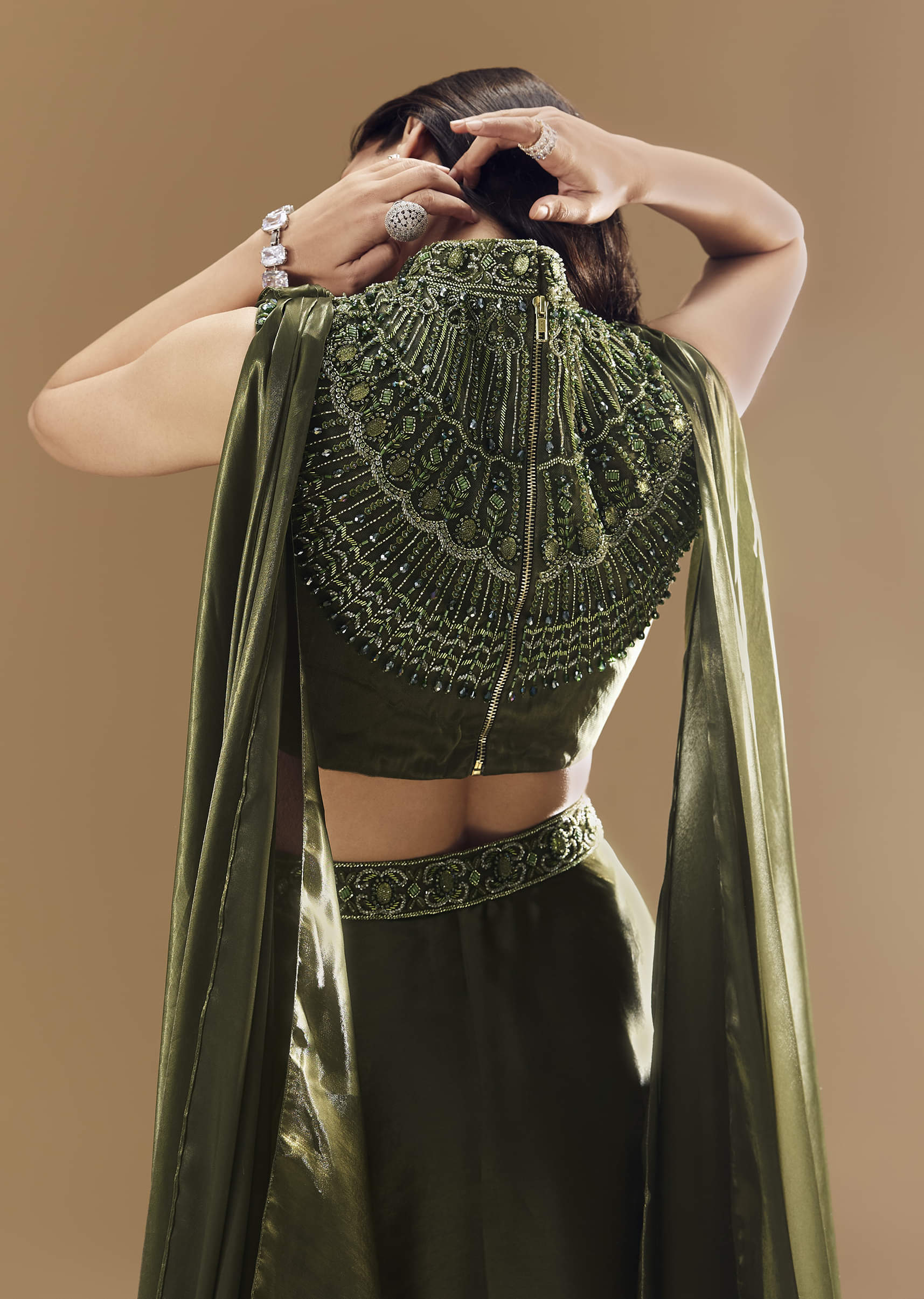 Green Bridesmaid Organza Lehega with Cowl Blouse - Image 6