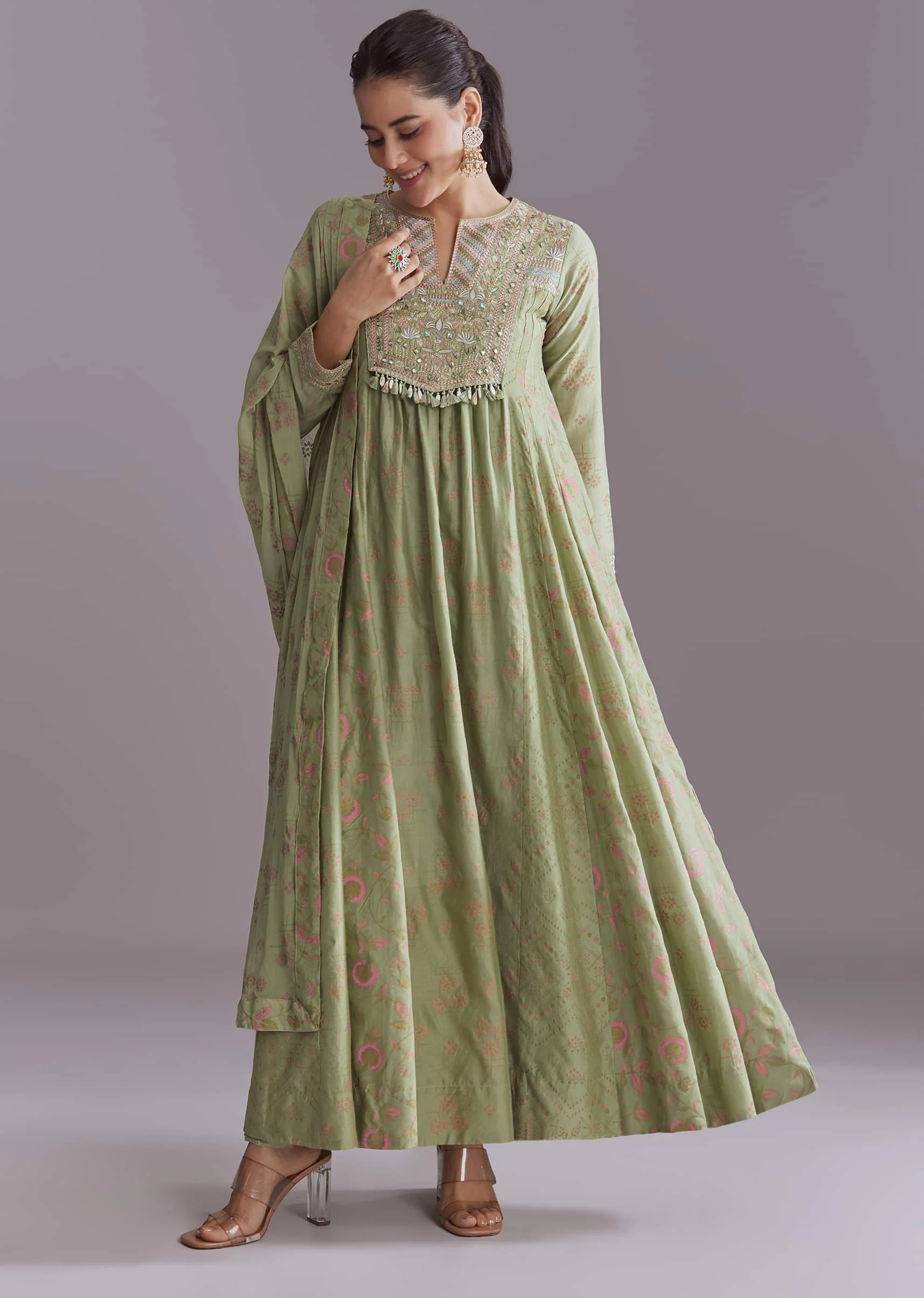 Green Chanderi Anarkali Suit With Boho Prints - Image 3