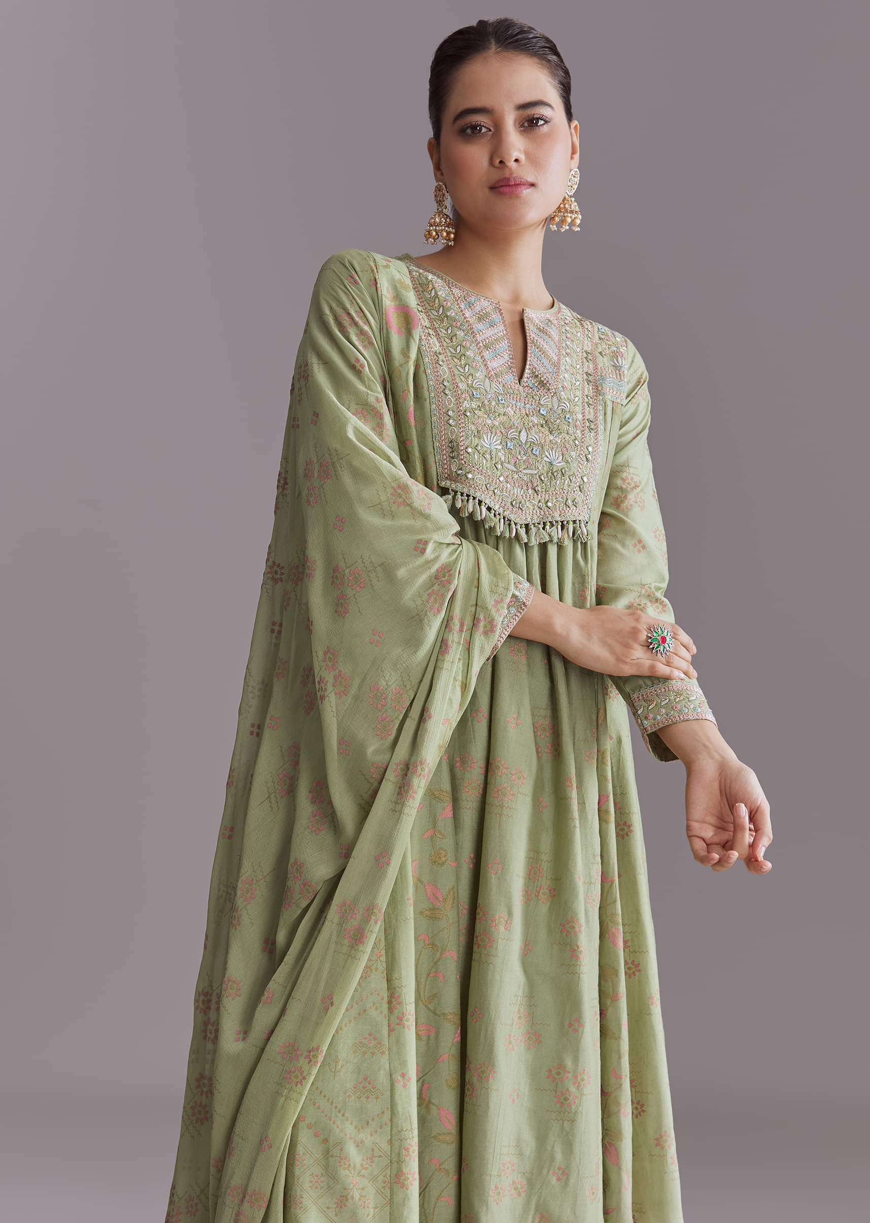 Green Chanderi Anarkali Suit With Boho Prints - Image 4