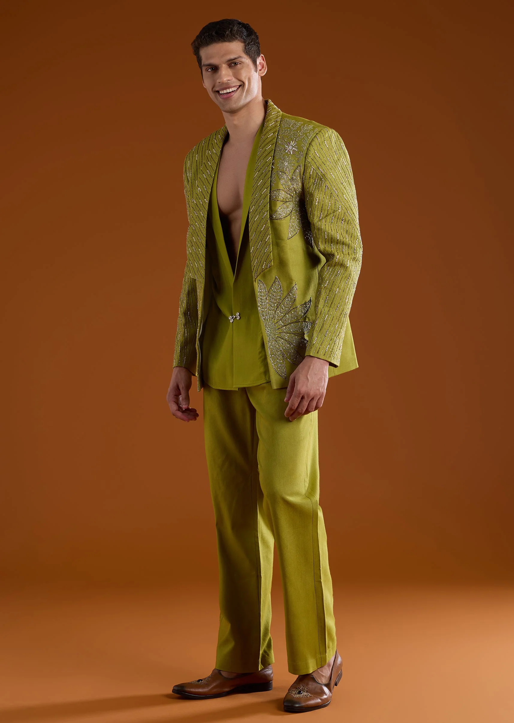 Green Chanderi Embroidered Tuxedo Set with Dori Work - Image 2
