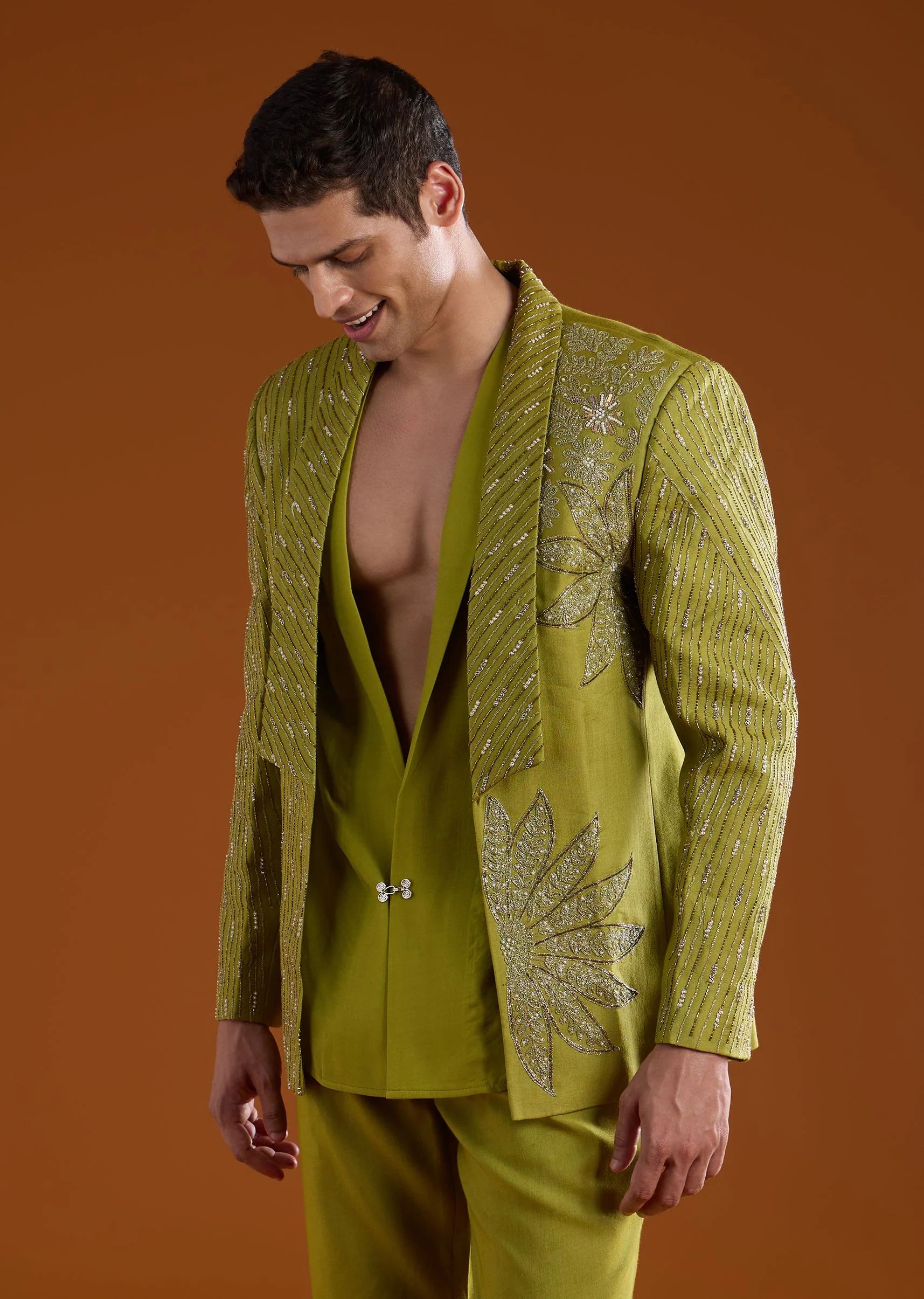Green Chanderi Embroidered Tuxedo Set with Dori Work - Image 3