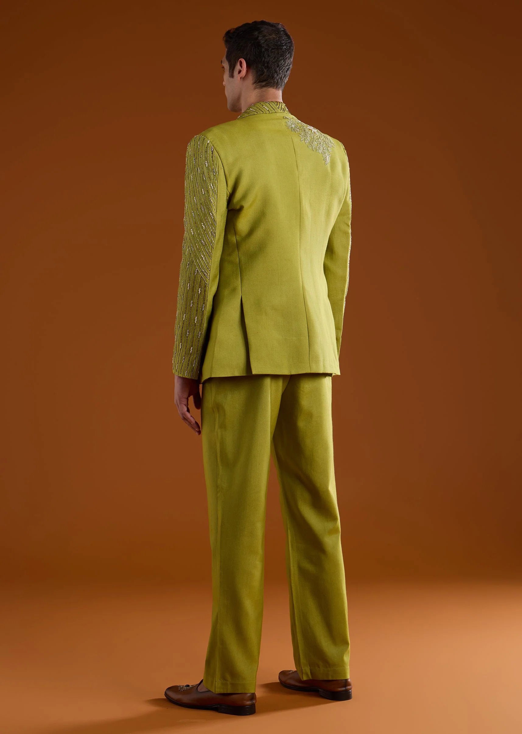 Green Chanderi Embroidered Tuxedo Set with Dori Work - Image 5