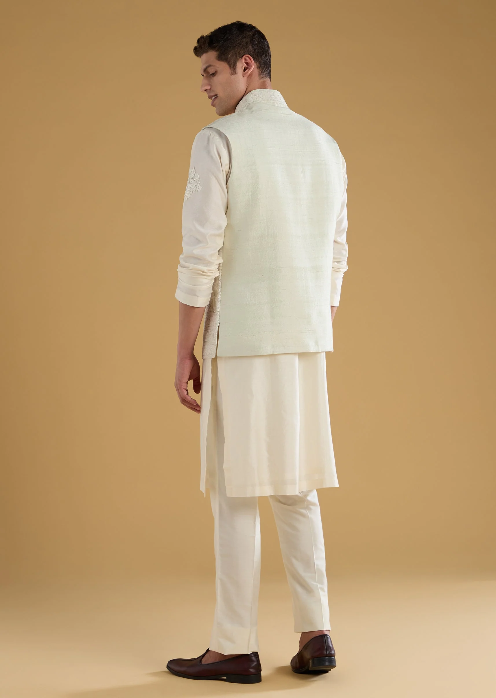 Green Chanderi Mens Jacket Kurta Set - Image 5