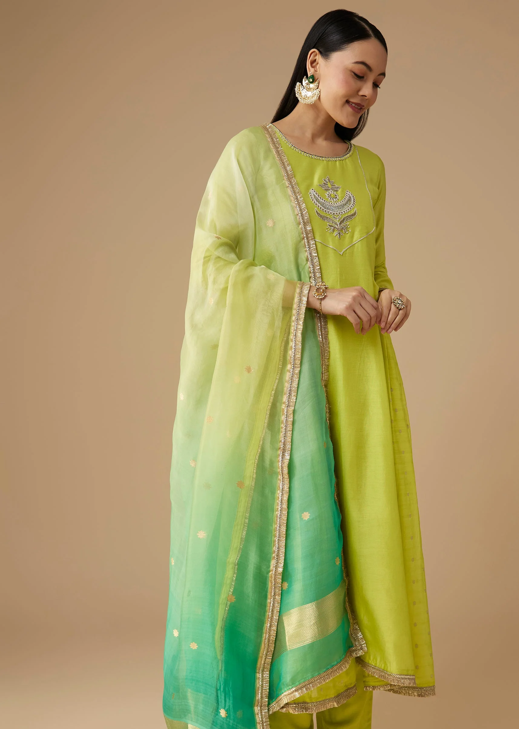 Green Chanderi Zardozi Embellished Anarkali Set - Image 4
