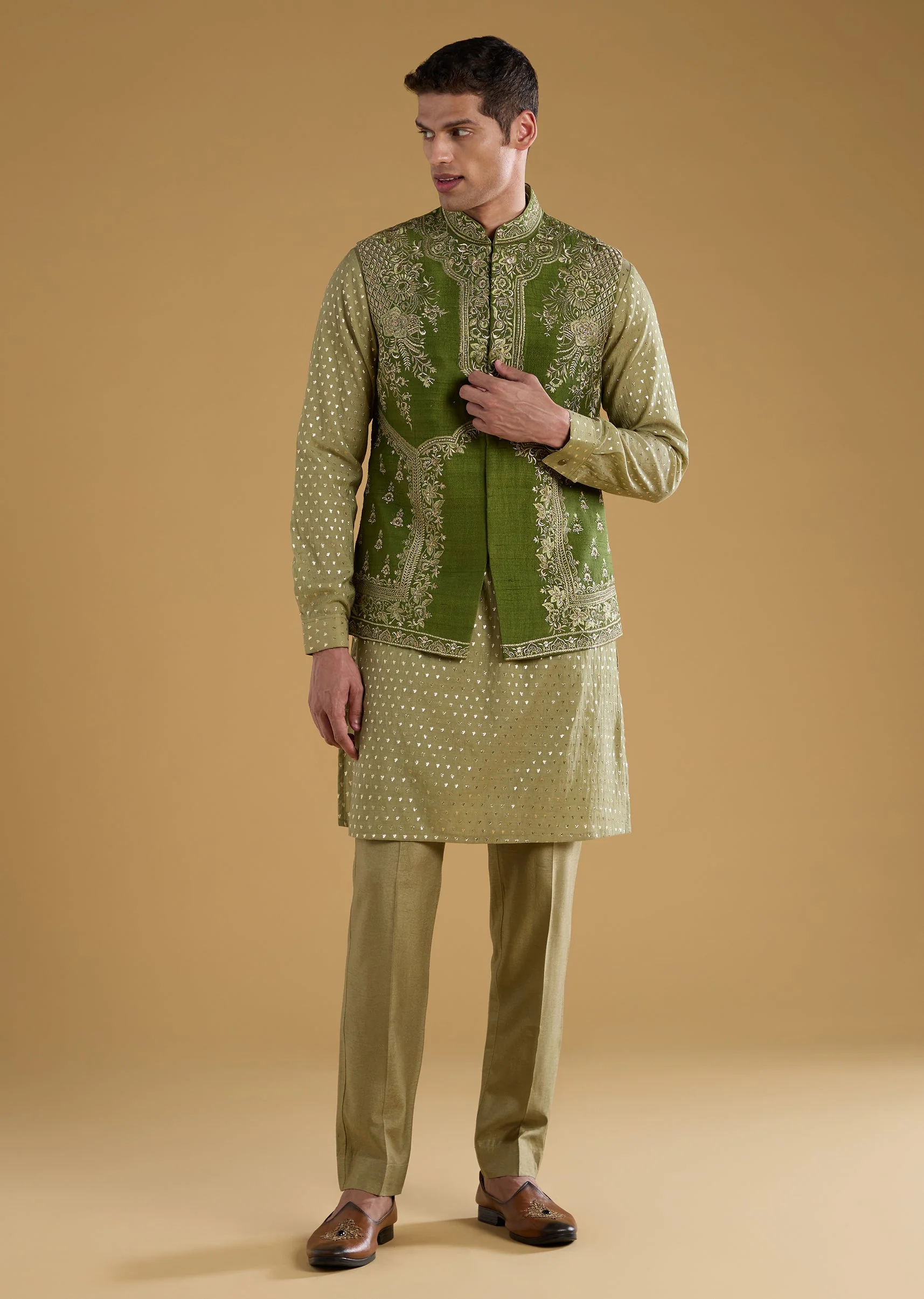 Green Chanderi Zari Embroidered Mens Jacket Kurta Set