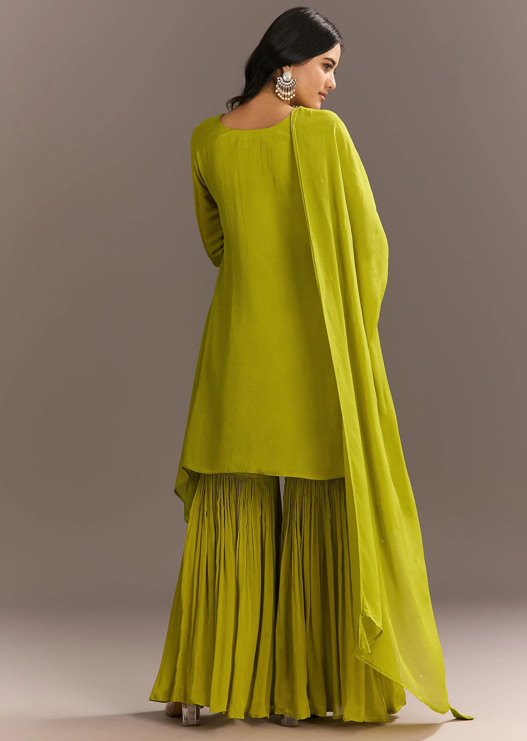 Green Chinon Asymmetrical Cut Kurta Sharara With Dupatta - Image 5