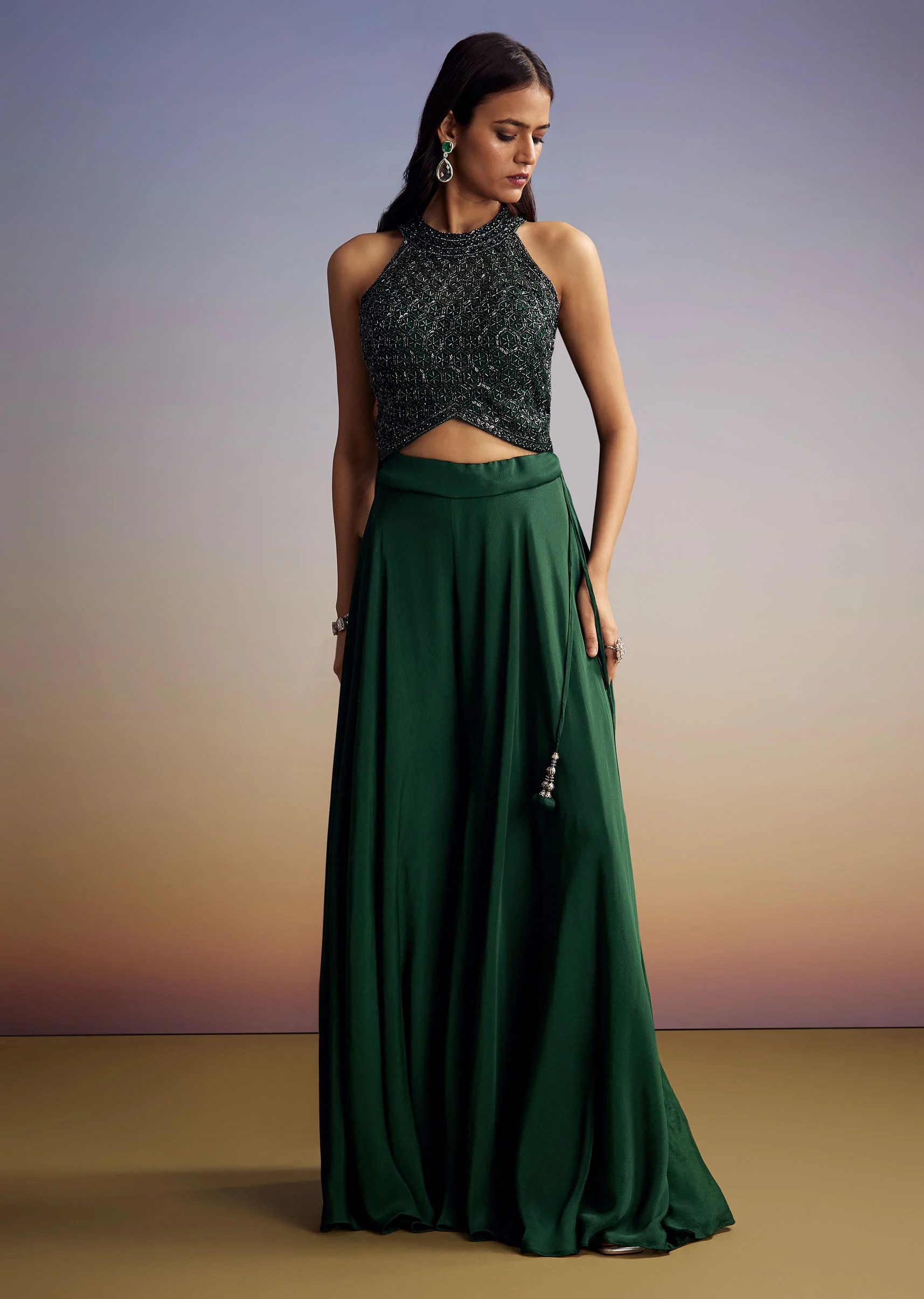 Green Chinon Crop Top Set With Sequins Work And Dupatta - Image 2