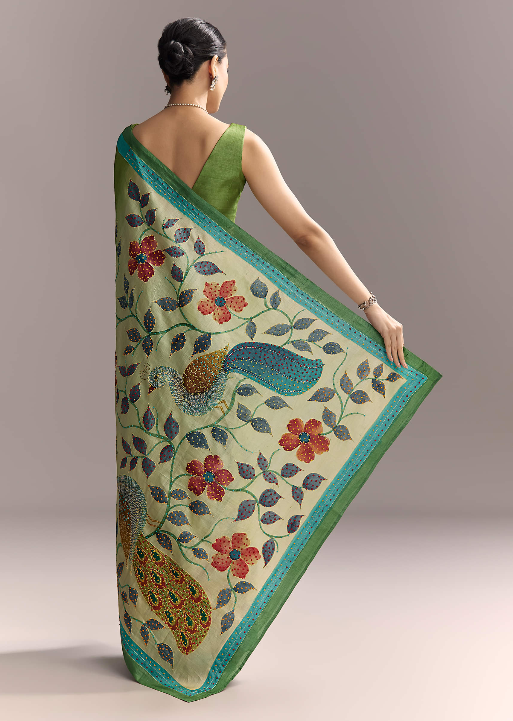 Green Cotton Saree With Hand Painted Motifs And Blue Border - Image 4