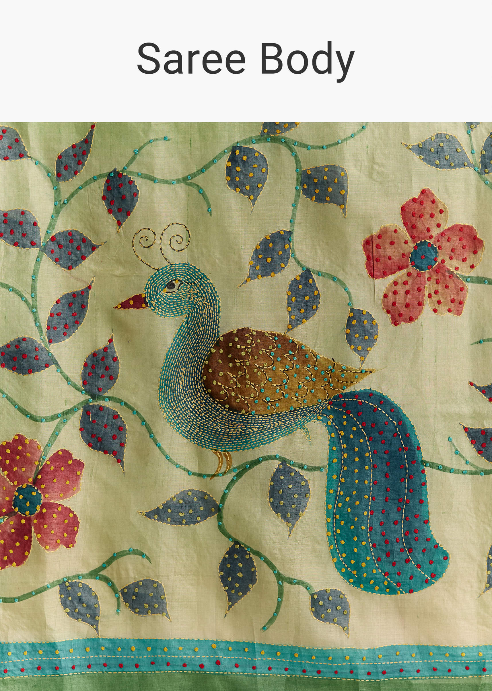 Green Cotton Saree With Hand Painted Motifs And Blue Border - Image 9