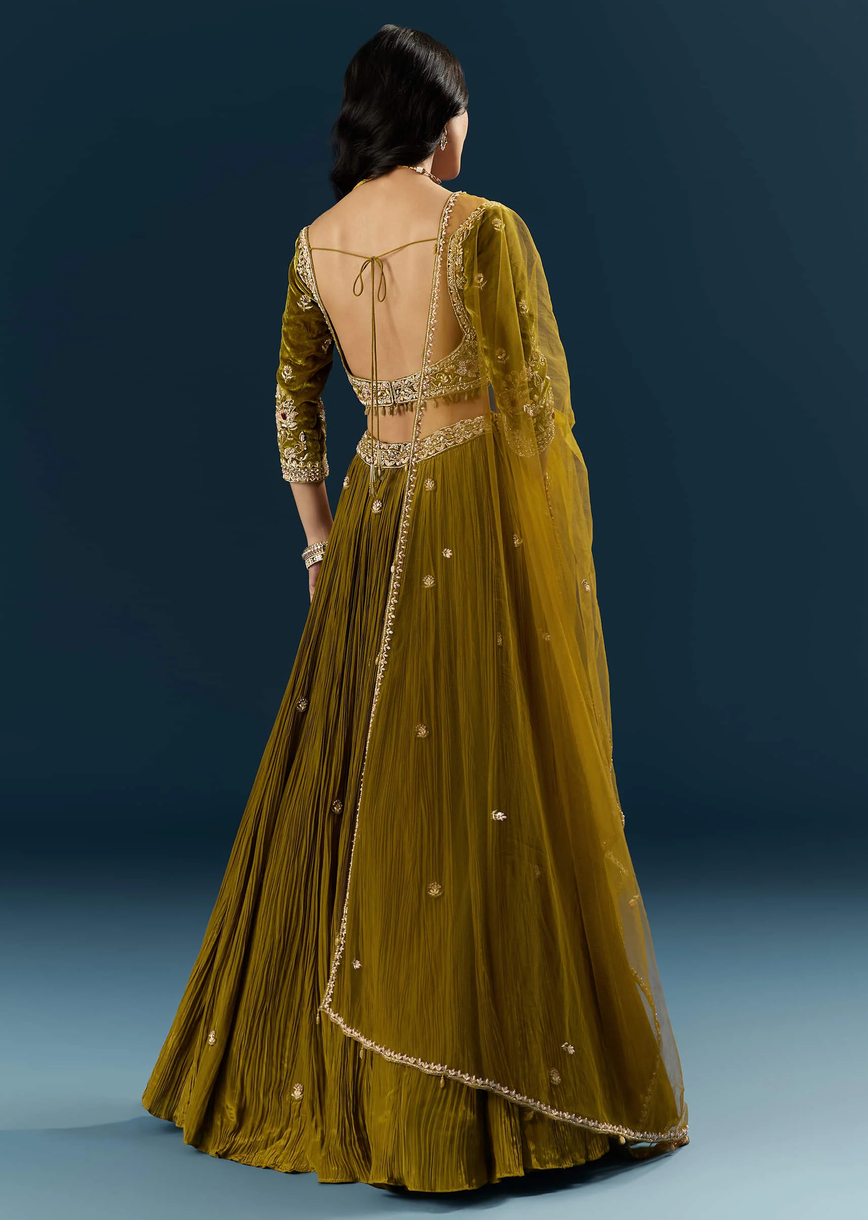 Green Crepe Bridal Lehenga With Cutdana Embroidery - Image 2