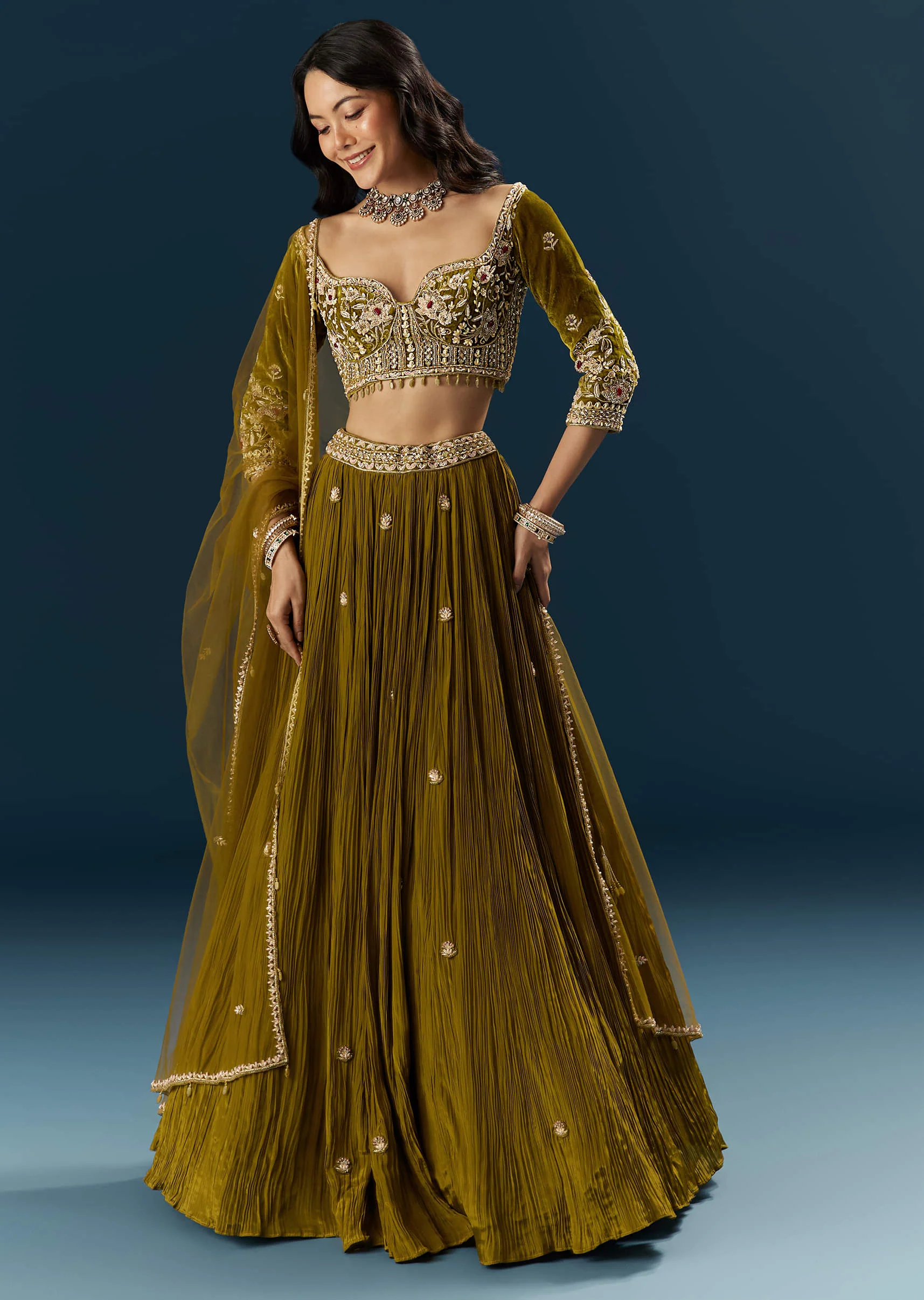 Green Crepe Bridal Lehenga With Cutdana Embroidery - Image 4