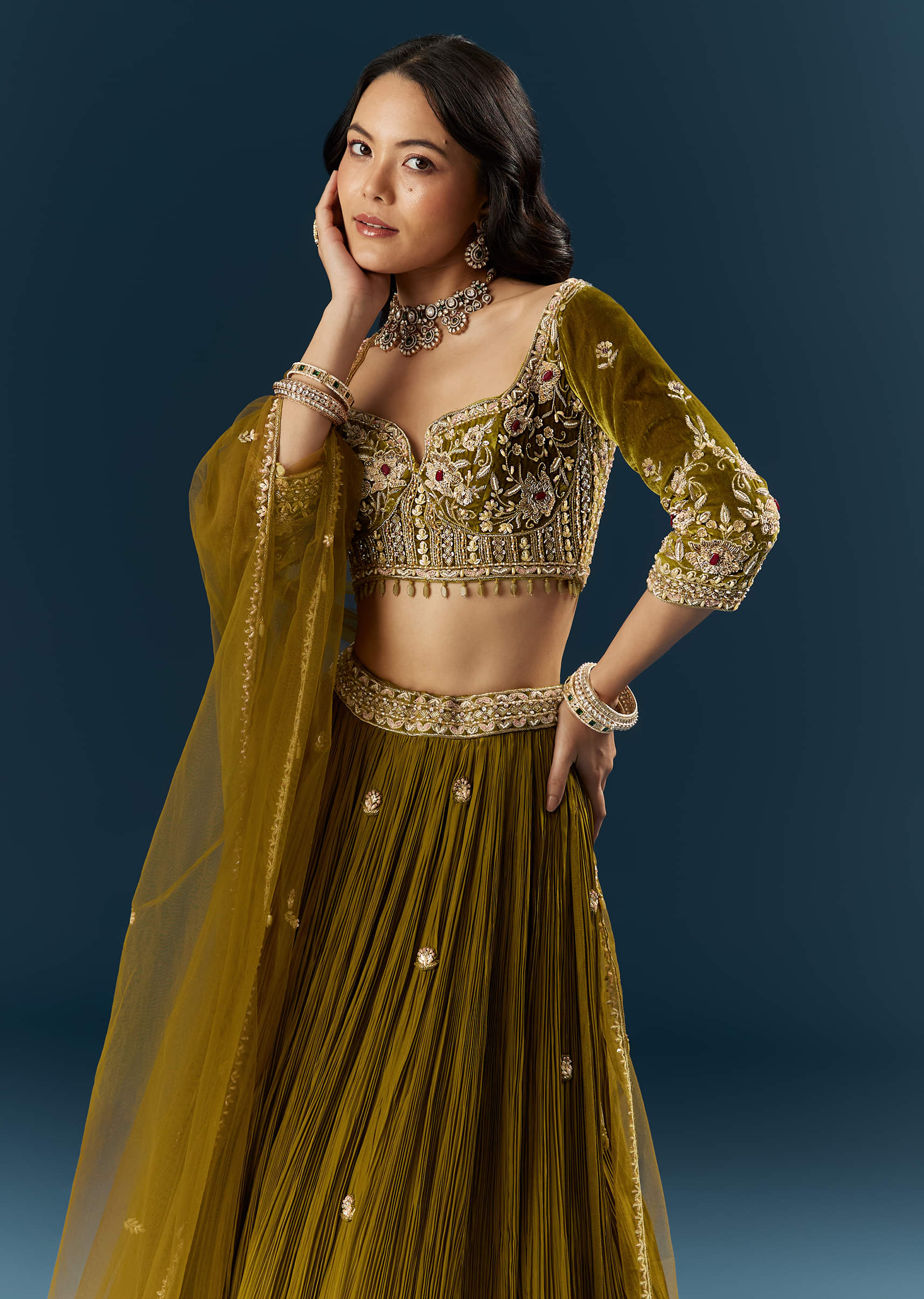 Green Crepe Bridal Lehenga With Cutdana Embroidery - Image 5