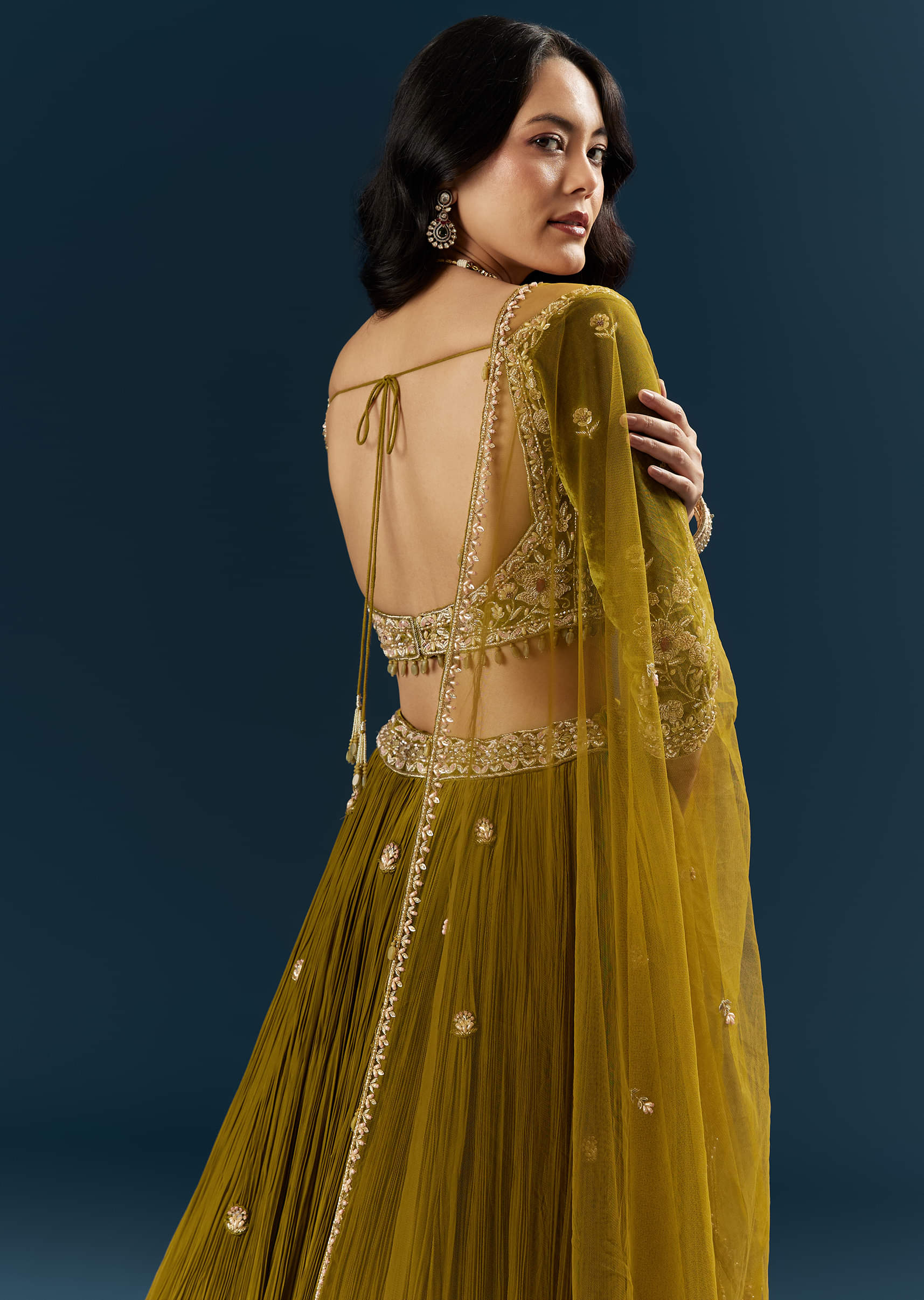 Green Crepe Bridal Lehenga With Cutdana Embroidery - Image 6