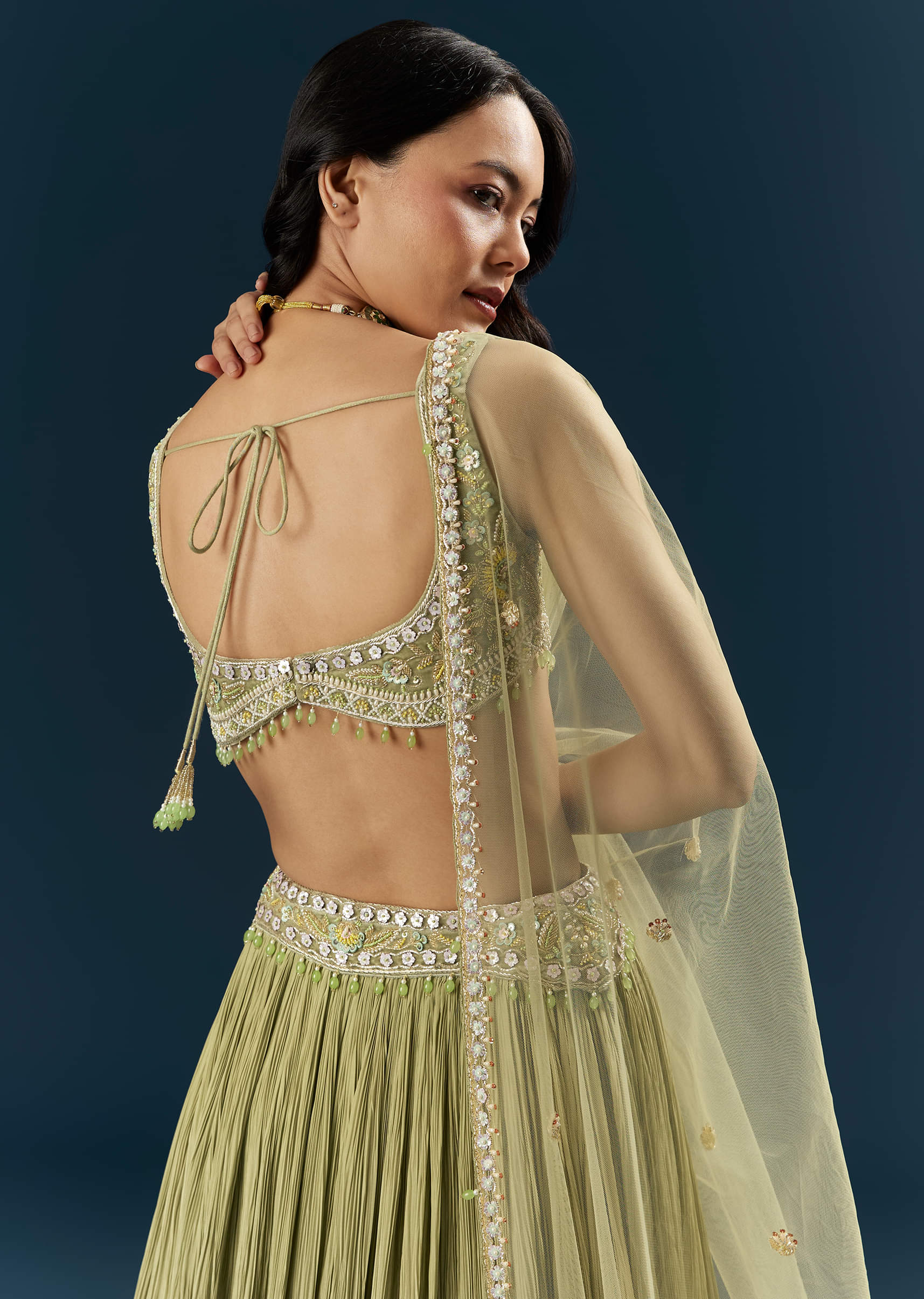 Green Crepe Bridesmaid Lehenga With Heavy Embroidery - Image 6