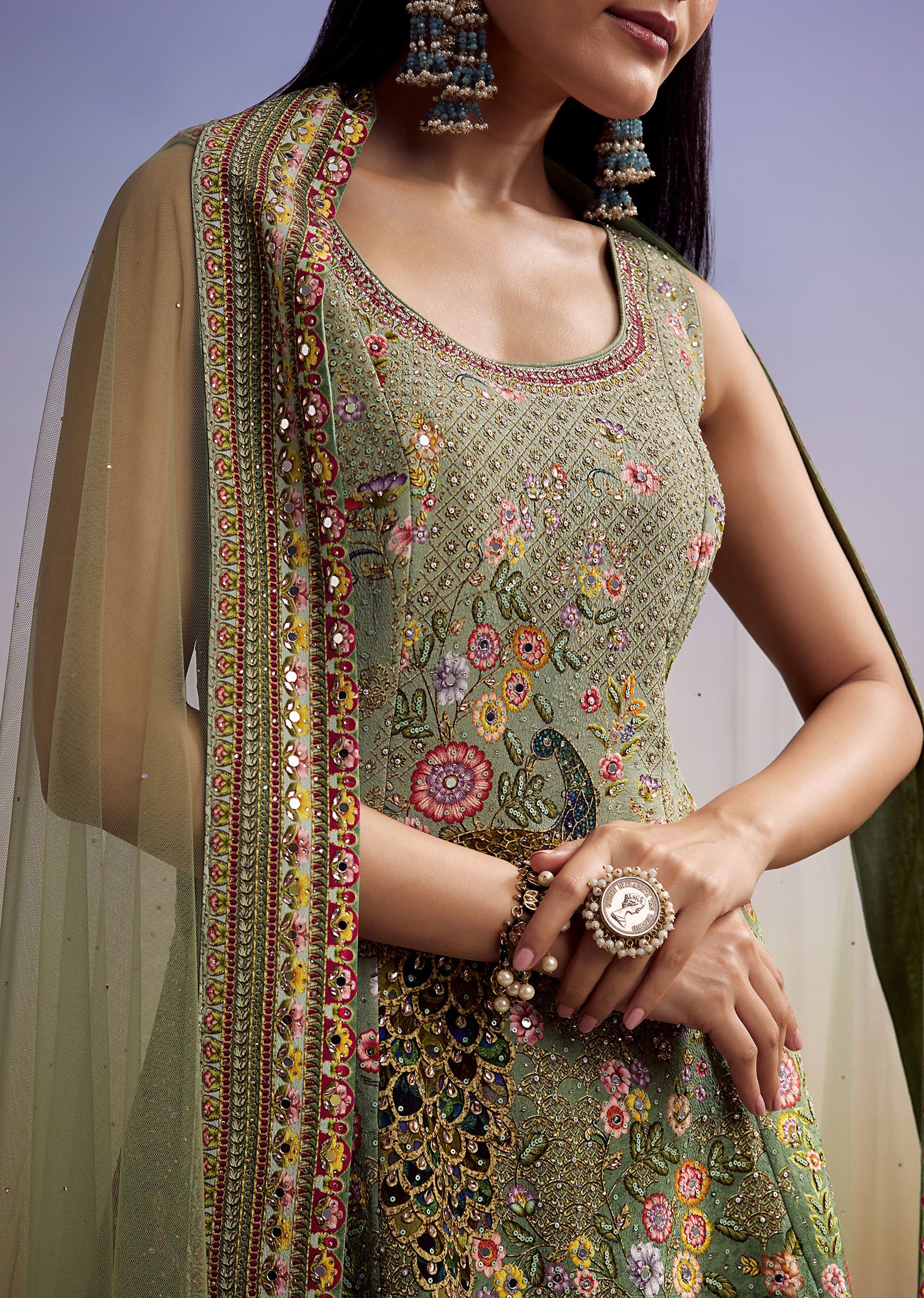 Green Crepe Palazzo Suit With Floral Print And Stone Work - Image 2