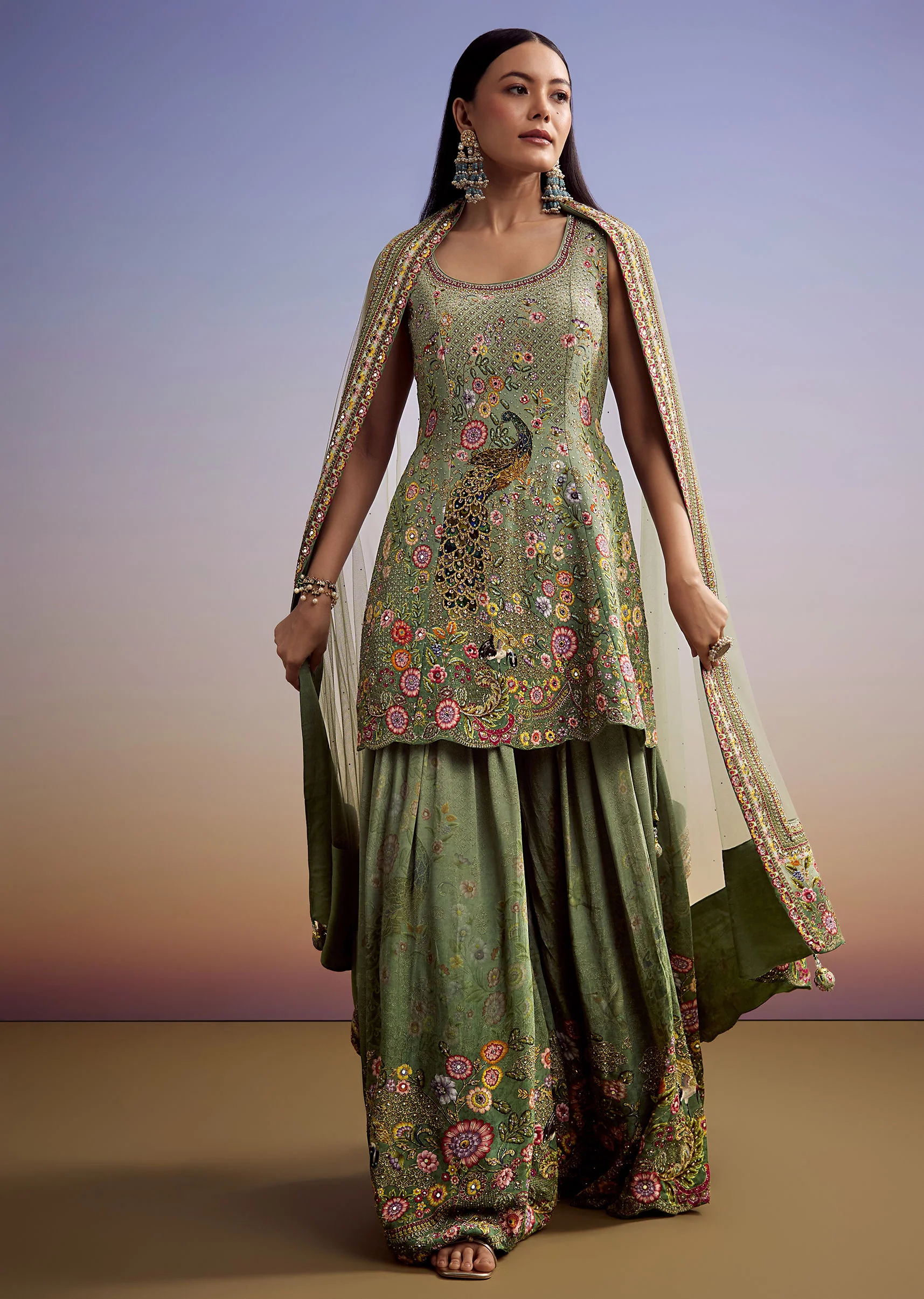 Green Crepe Palazzo Suit With Floral Print And Stone Work - Image 3